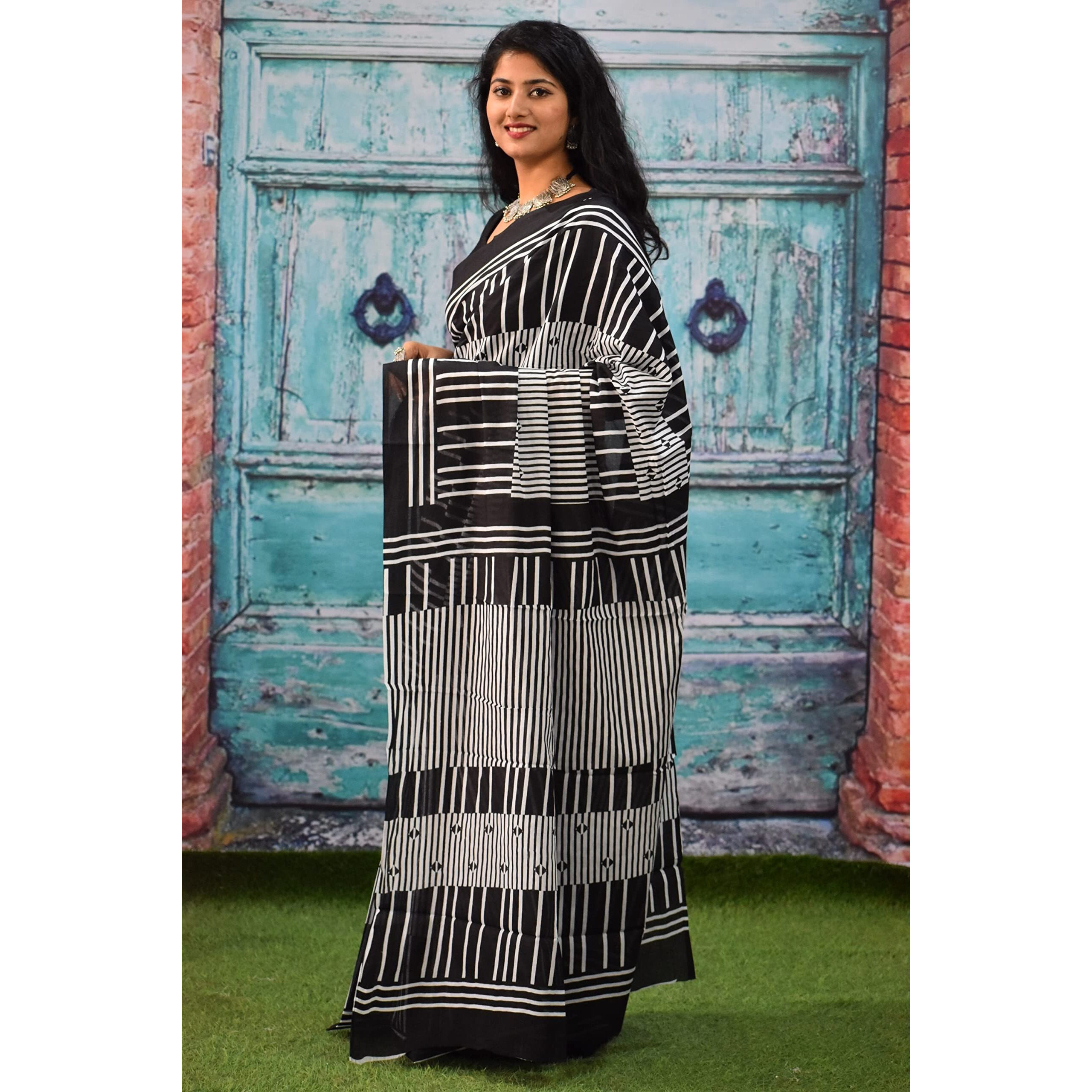 JALTHER Handicrafts Womens Ikat Hand Block Print Jaipuri Cotton Mulmul Saree with Blouse Piece - Black_008