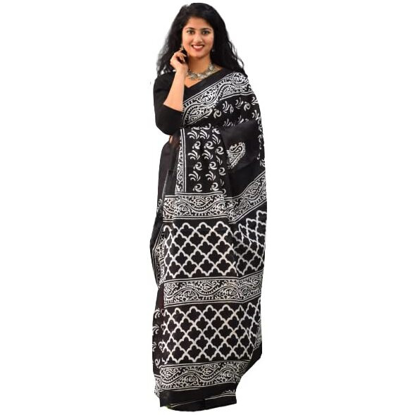 JALTHER Handicrafts Womens Ikat Hand Block Print Jaipuri Cotton Mulmul Saree with Blouse Piece - Black_011