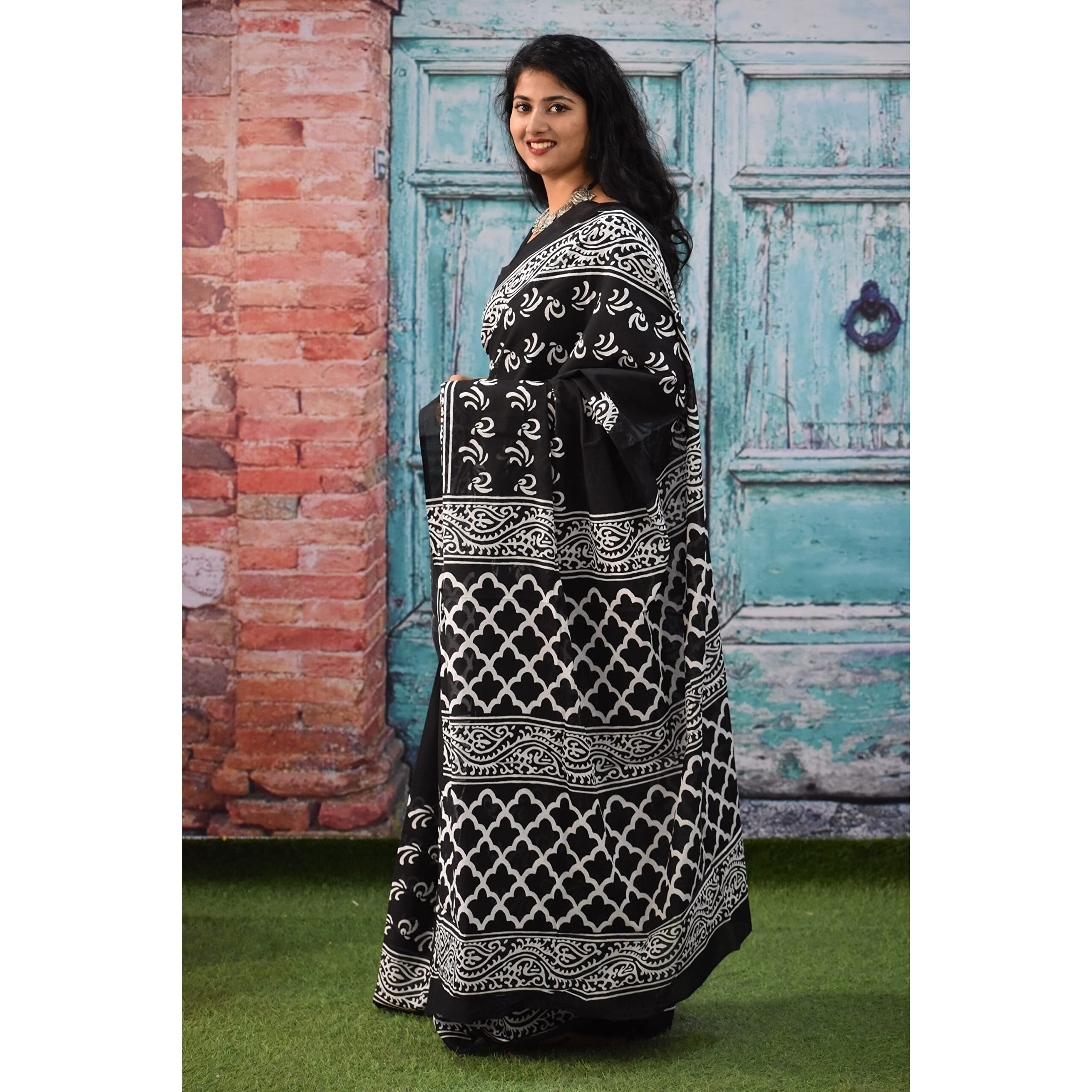 JALTHER Handicrafts Womens Ikat Hand Block Print Jaipuri Cotton Mulmul Saree with Blouse Piece - Black_011