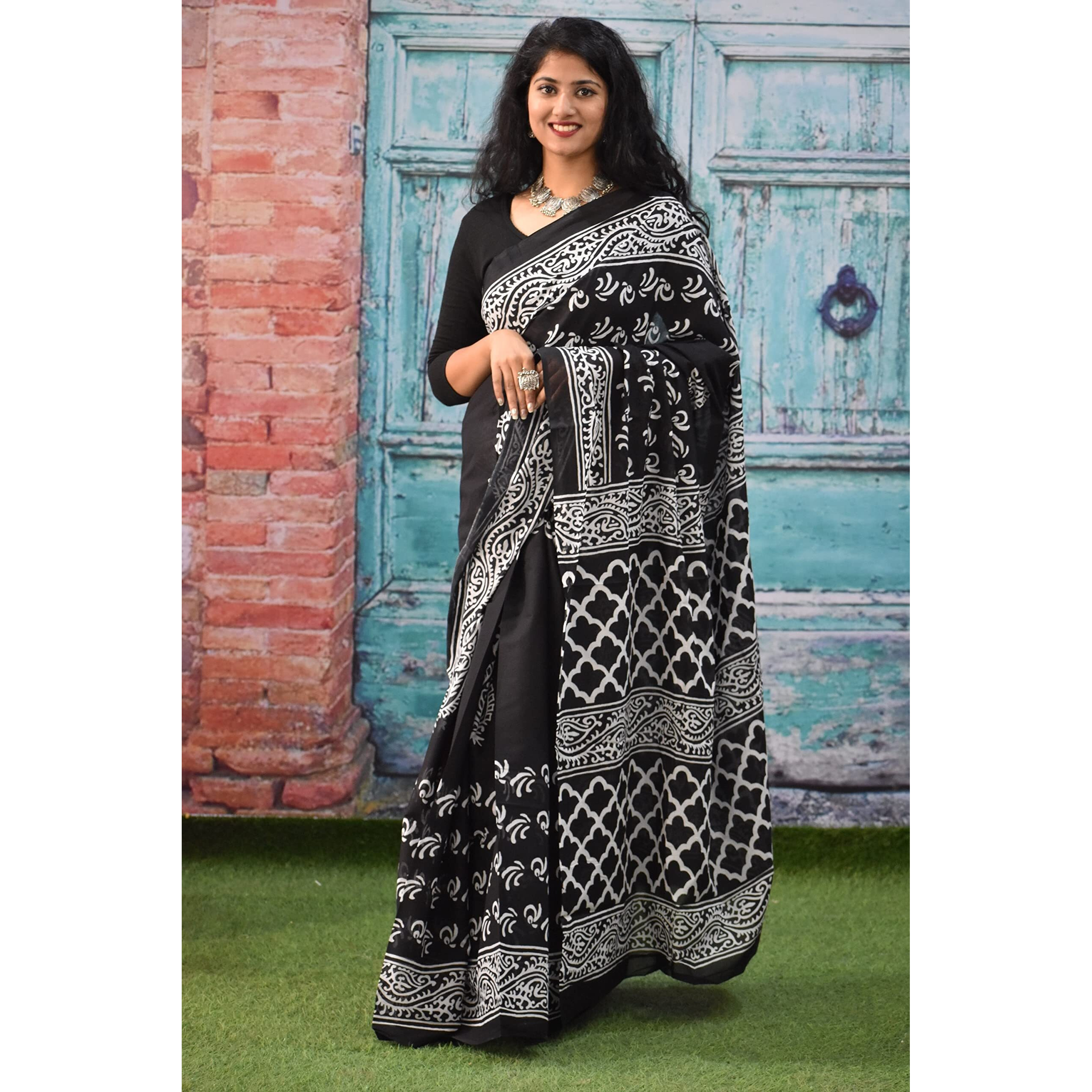 JALTHER Handicrafts Womens Ikat Hand Block Print Jaipuri Cotton Mulmul Saree with Blouse Piece - Black_011