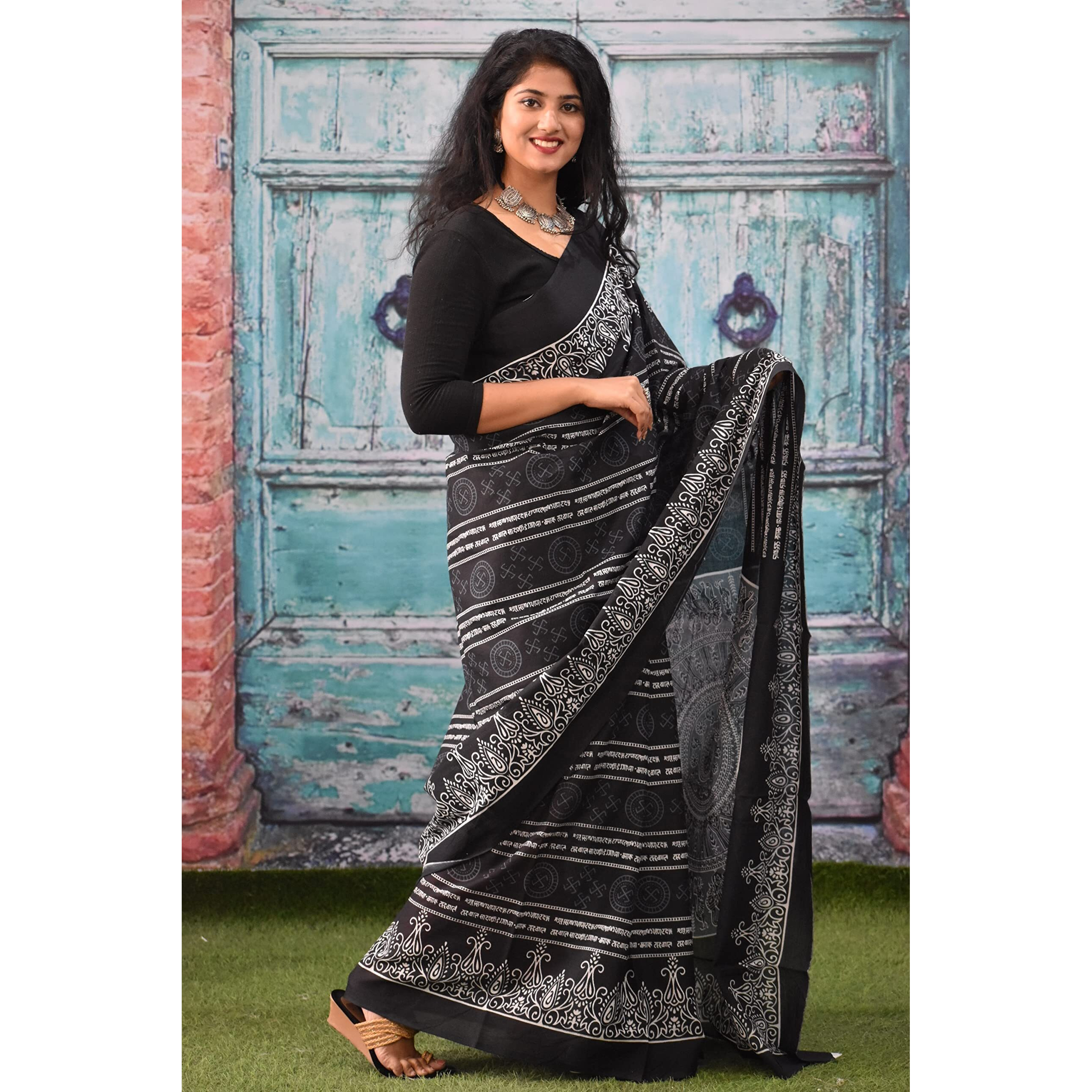 JALTHER Handicrafts Womens Ikat Hand Block Print Jaipuri Cotton Mulmul Saree with Blouse Piece - Black_005