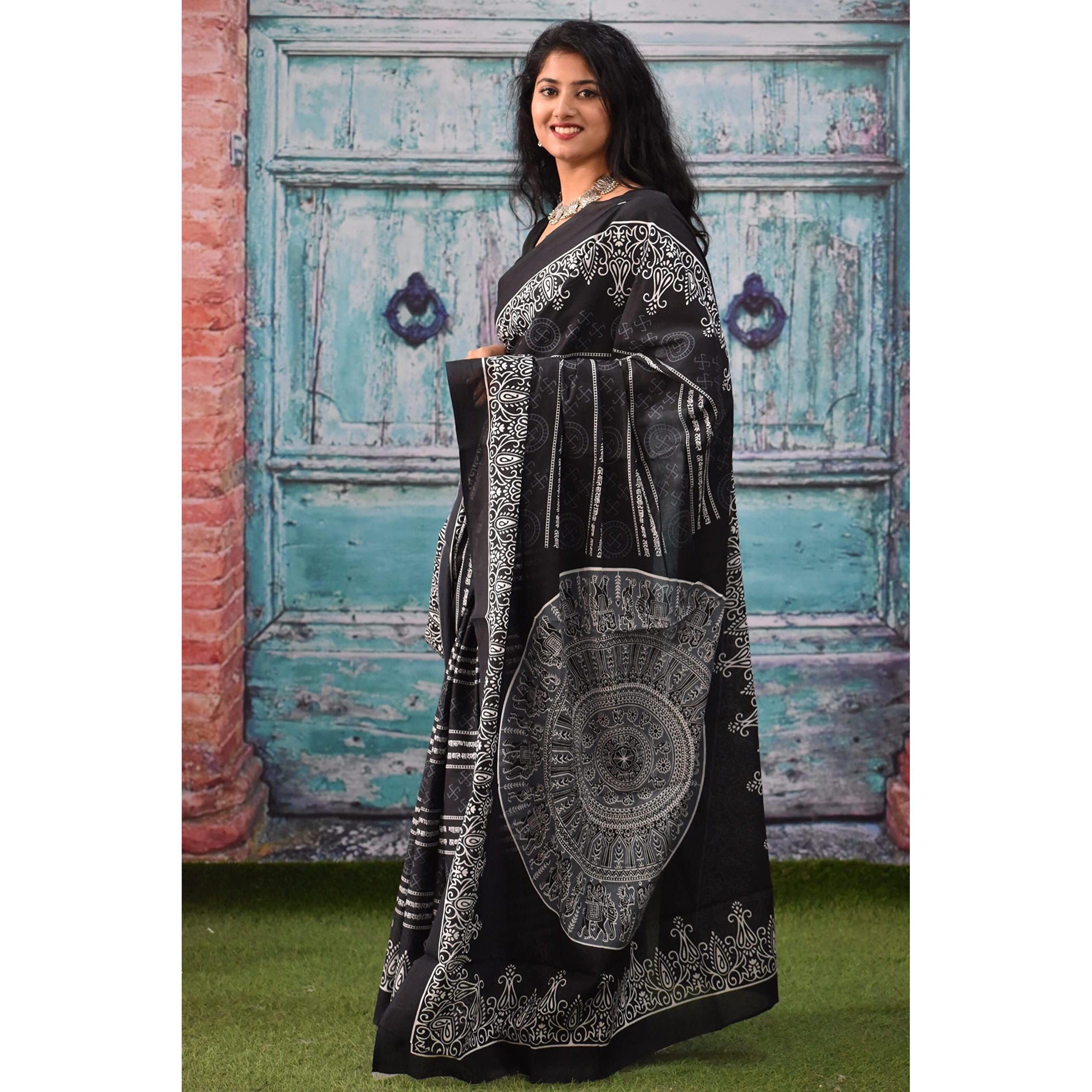 JALTHER Handicrafts Womens Ikat Hand Block Print Jaipuri Cotton Mulmul Saree with Blouse Piece - Black_005