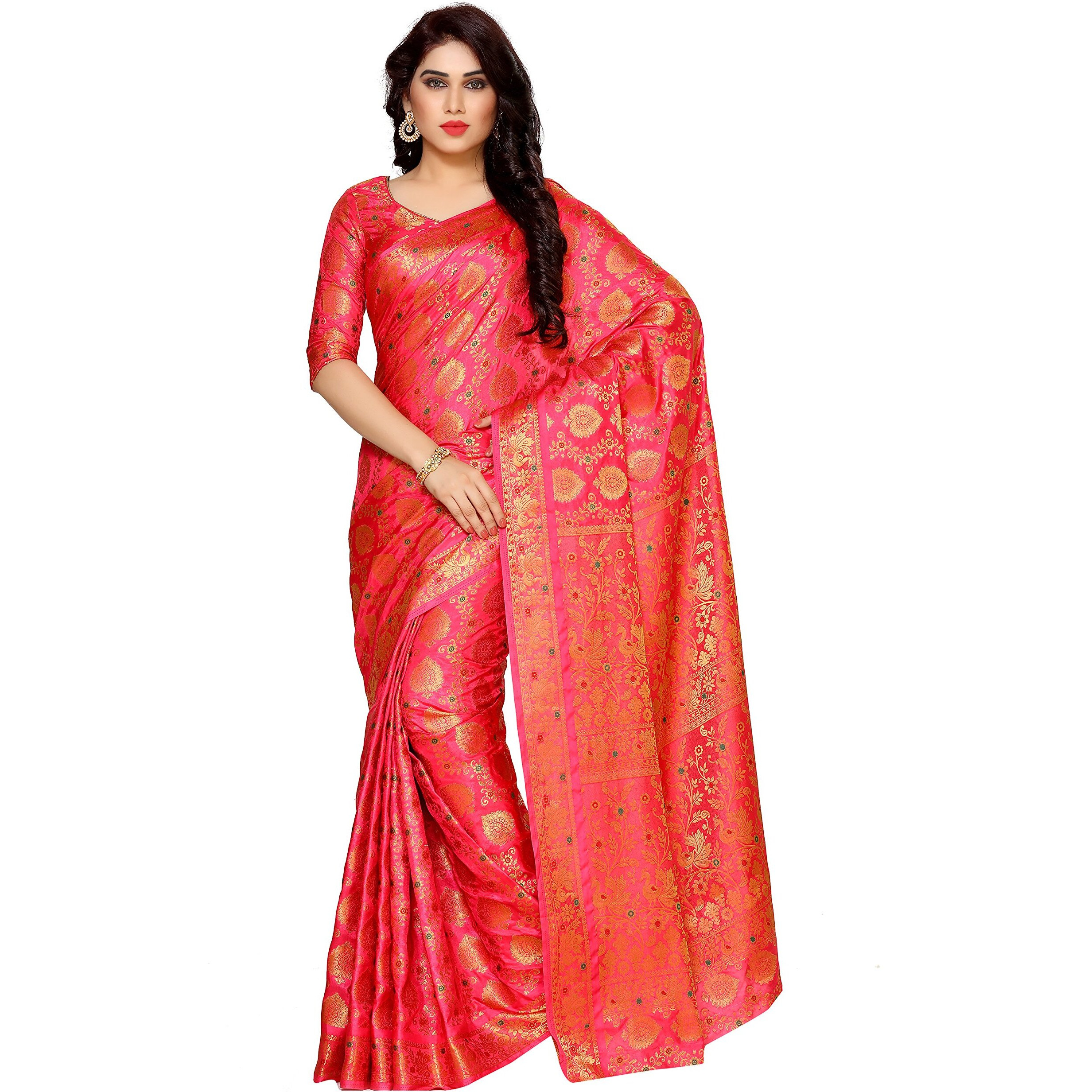 MIMOSA Womens Art Silk Saree Kanjivaram Style Color Coral