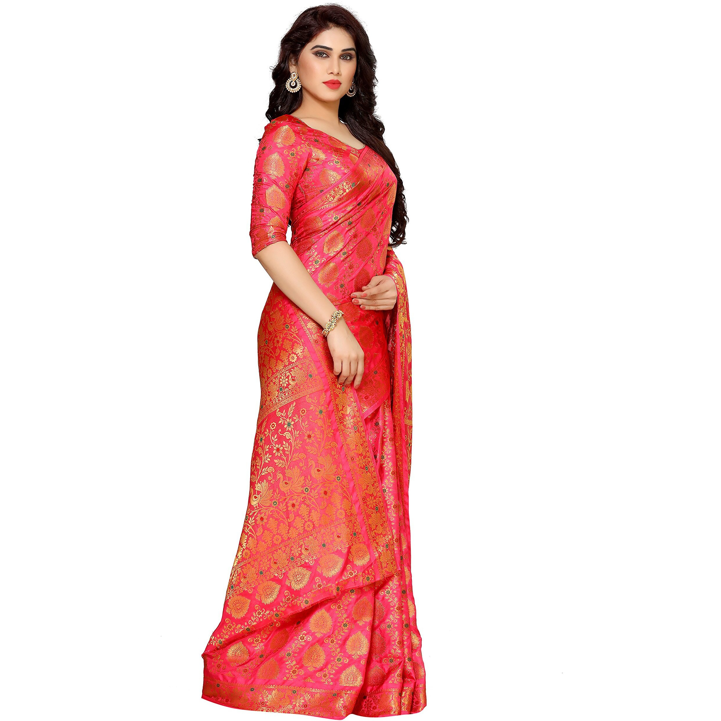 MIMOSA Womens Art Silk Saree Kanjivaram Style Color Coral