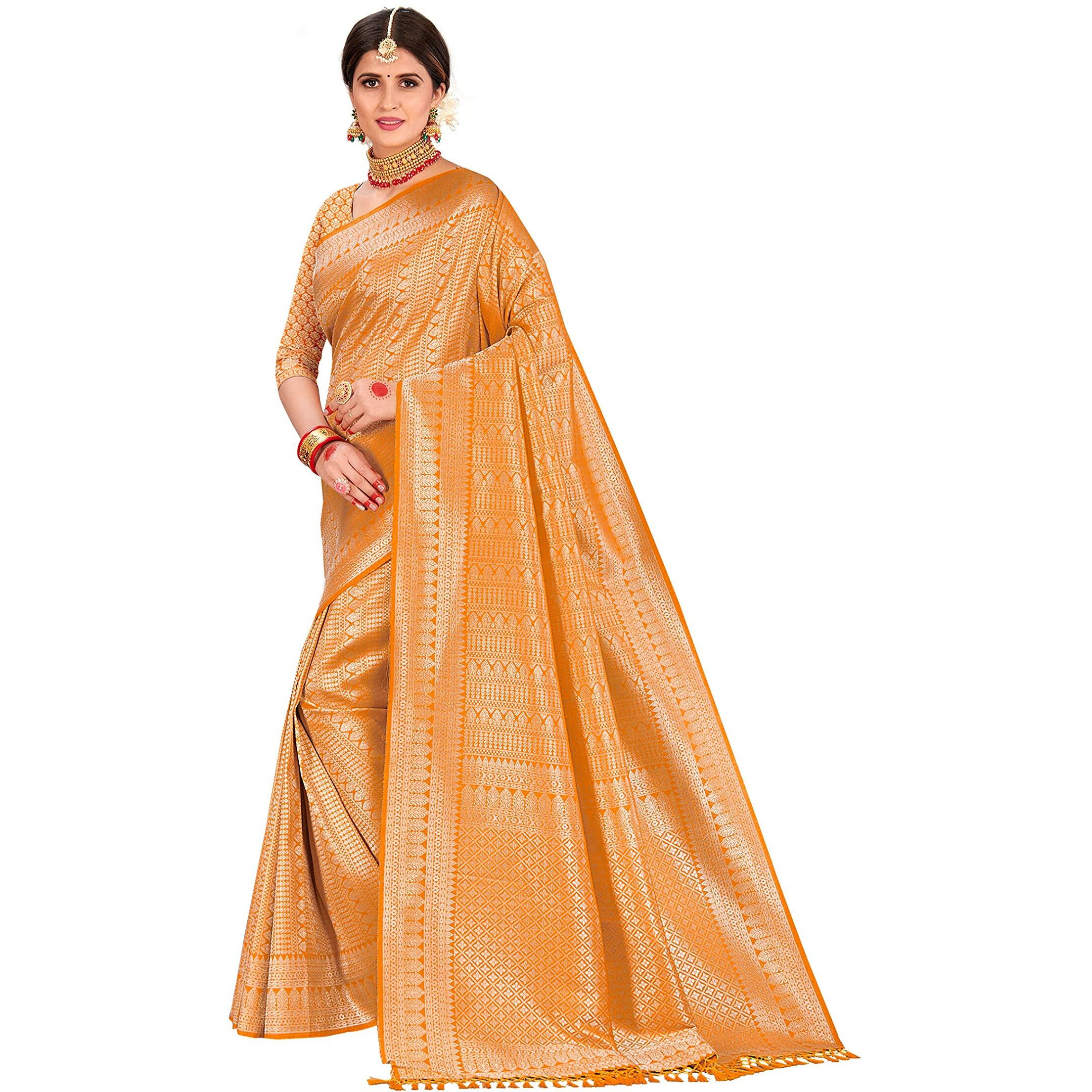 Vardha Womens Kanchipuram Raw Silk Saree with Unstitched Blouse Piece - Zari Woven Work Sarees for Wedding (Kumkum Silk, 350, Yellow)