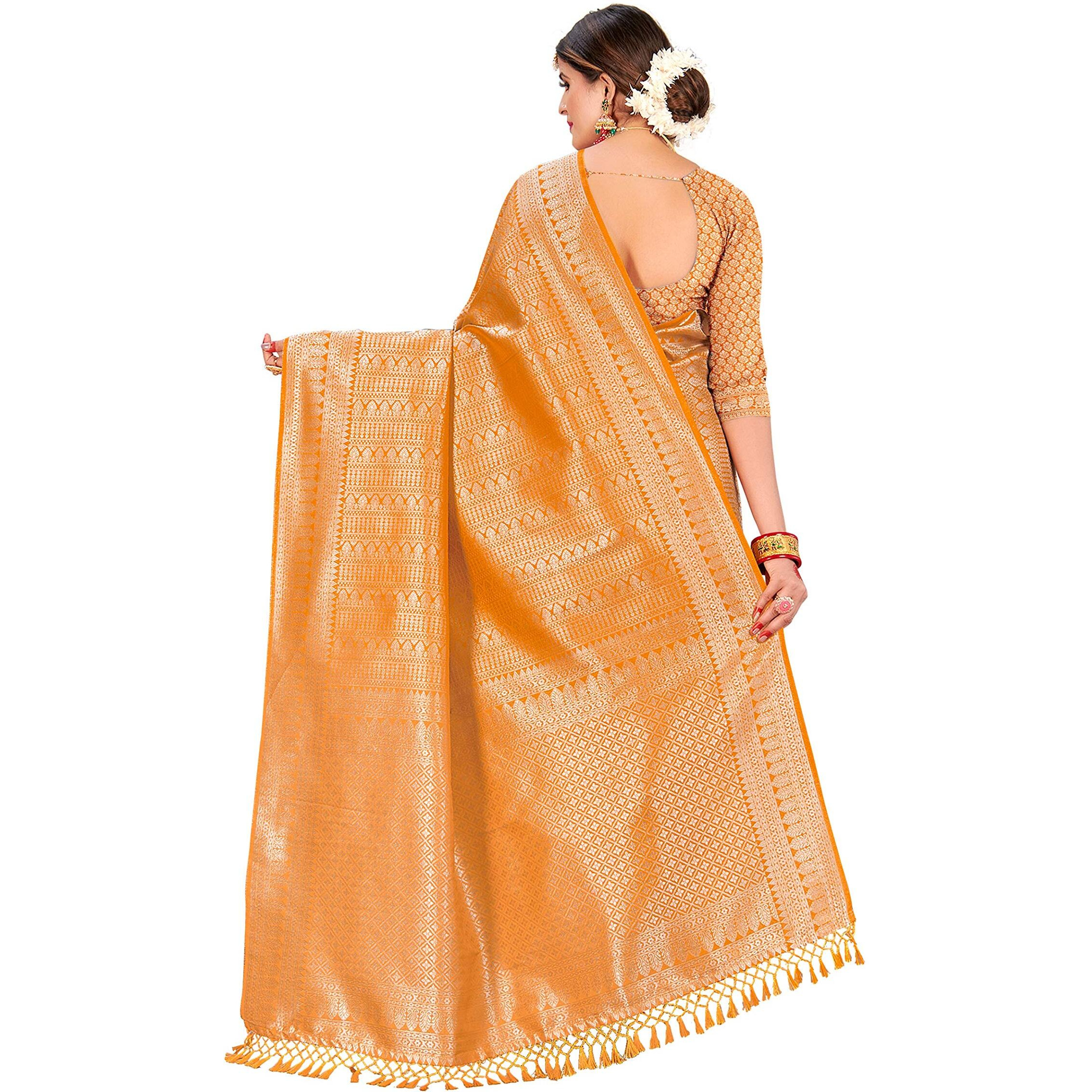 Vardha Womens Kanchipuram Raw Silk Saree with Unstitched Blouse Piece - Zari Woven Work Sarees for Wedding (Kumkum Silk, 350, Yellow)