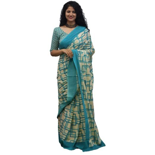JALTHER Handicrafts Womens Ikat Hand Block Print Jaipuri Cotton Mulmul Saree with Blouse Piece - Turquiose_260