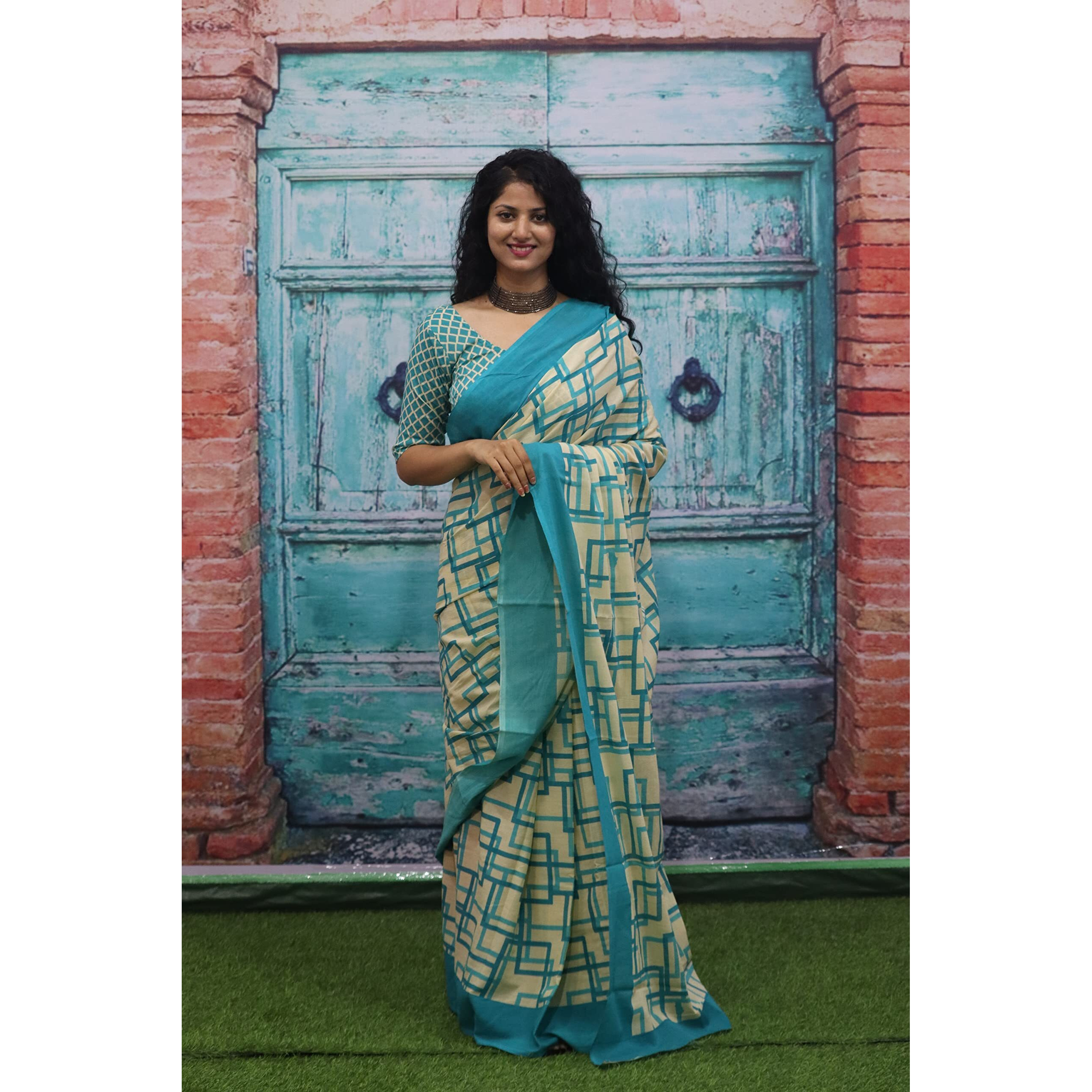 JALTHER Handicrafts Womens Ikat Hand Block Print Jaipuri Cotton Mulmul Saree with Blouse Piece - Turquiose_260