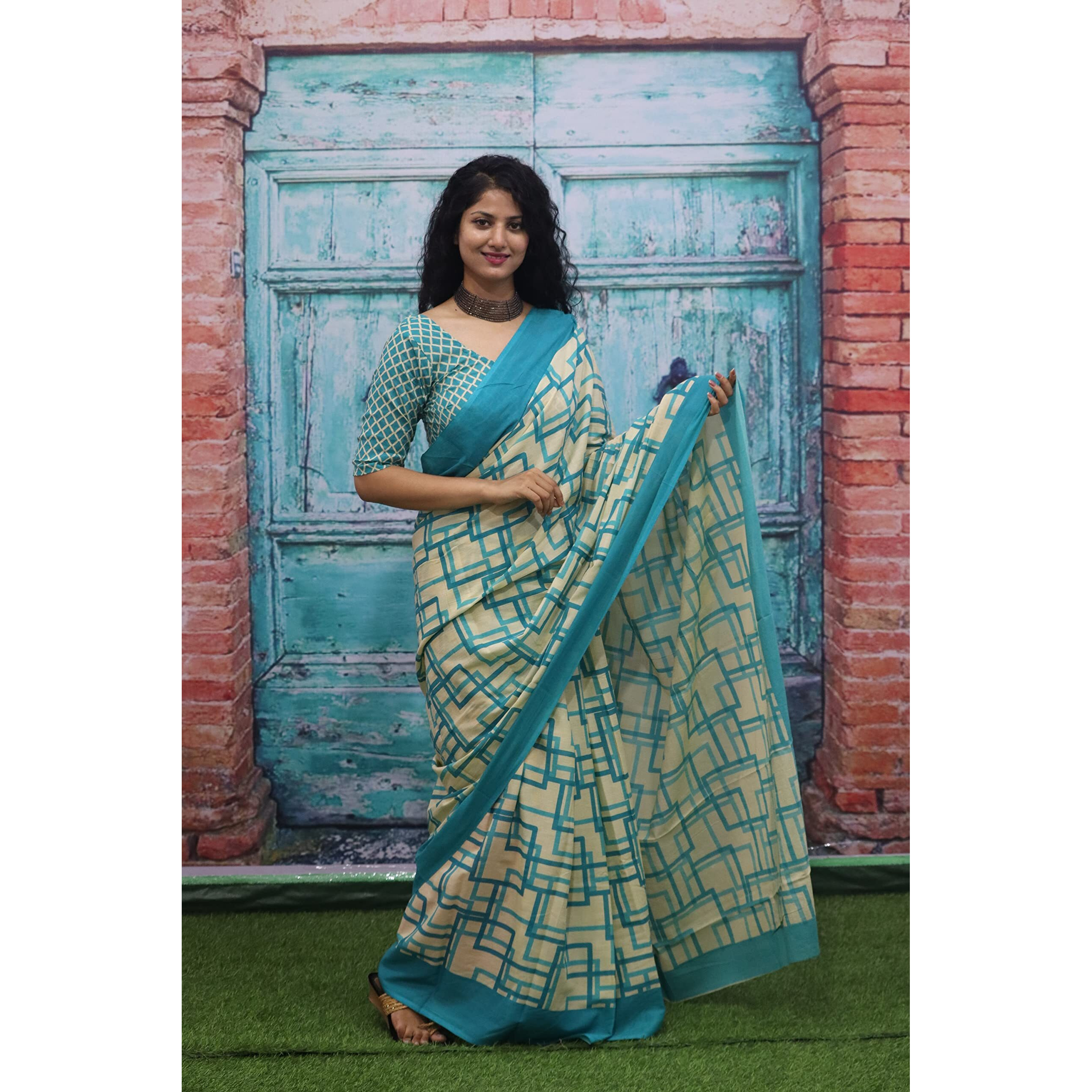 JALTHER Handicrafts Womens Ikat Hand Block Print Jaipuri Cotton Mulmul Saree with Blouse Piece - Turquiose_260