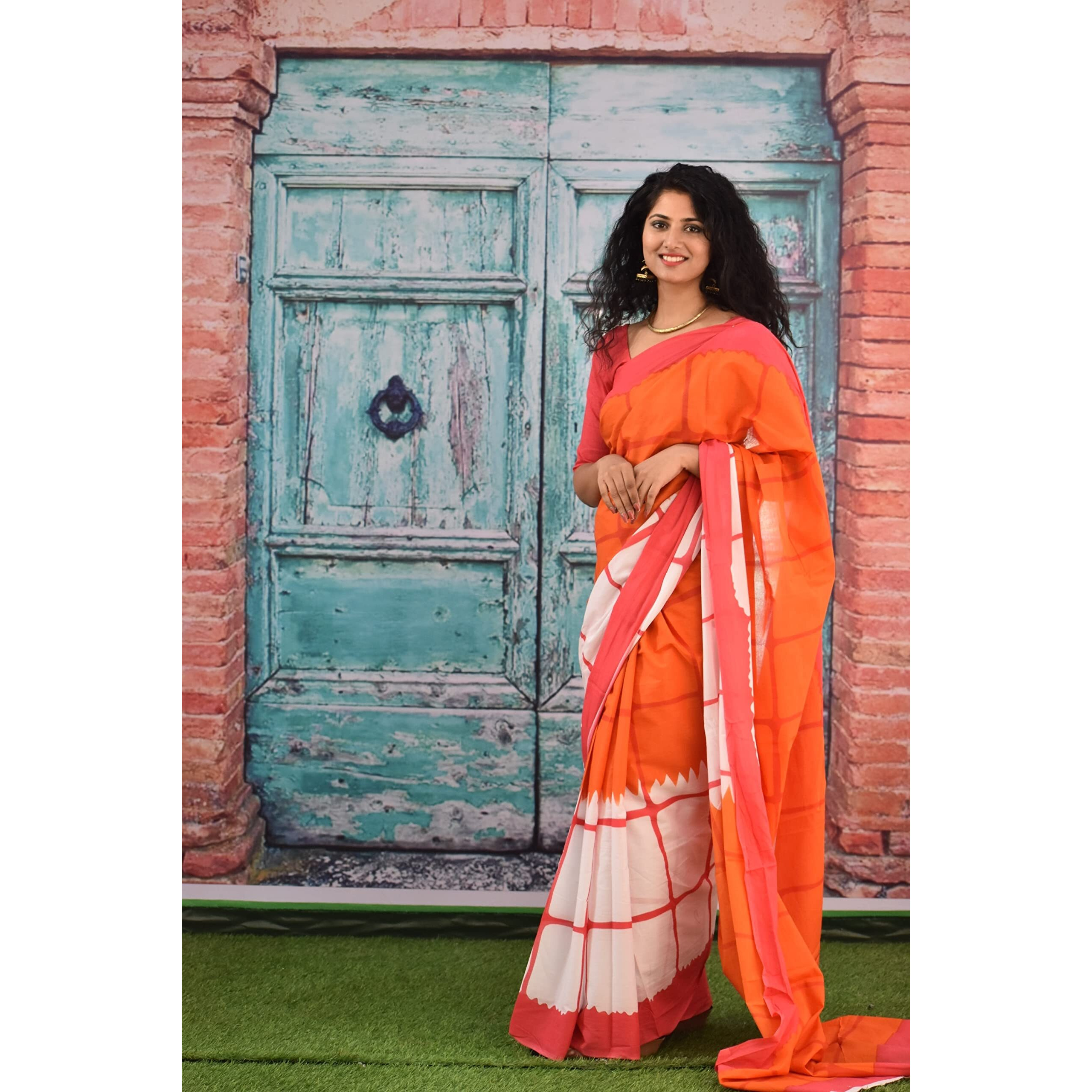 JALTHER Handicrafts Womens Ikat Hand Block Print Jaipuri Cotton Mulmul Saree with Blouse Piece - Orange_276