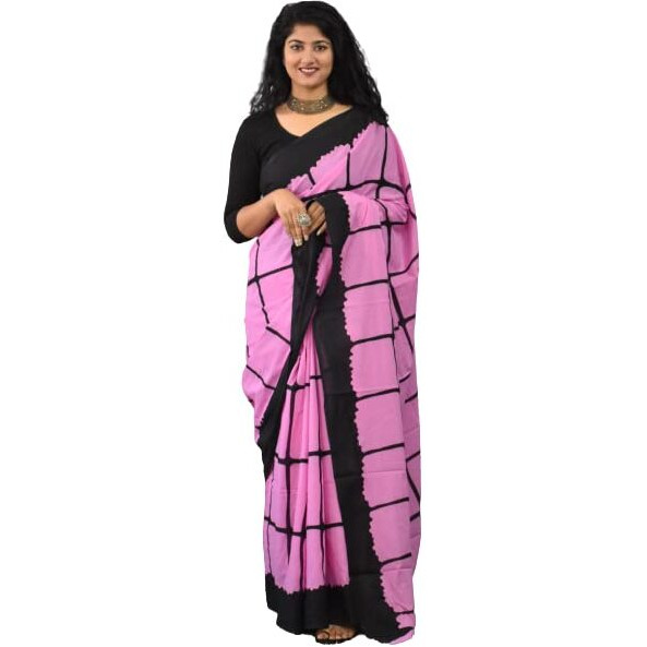 JALTHER Handicrafts Womens Ikat Hand Block Print Jaipuri Cotton Mulmul Saree with Blouse Piece - Pink_262