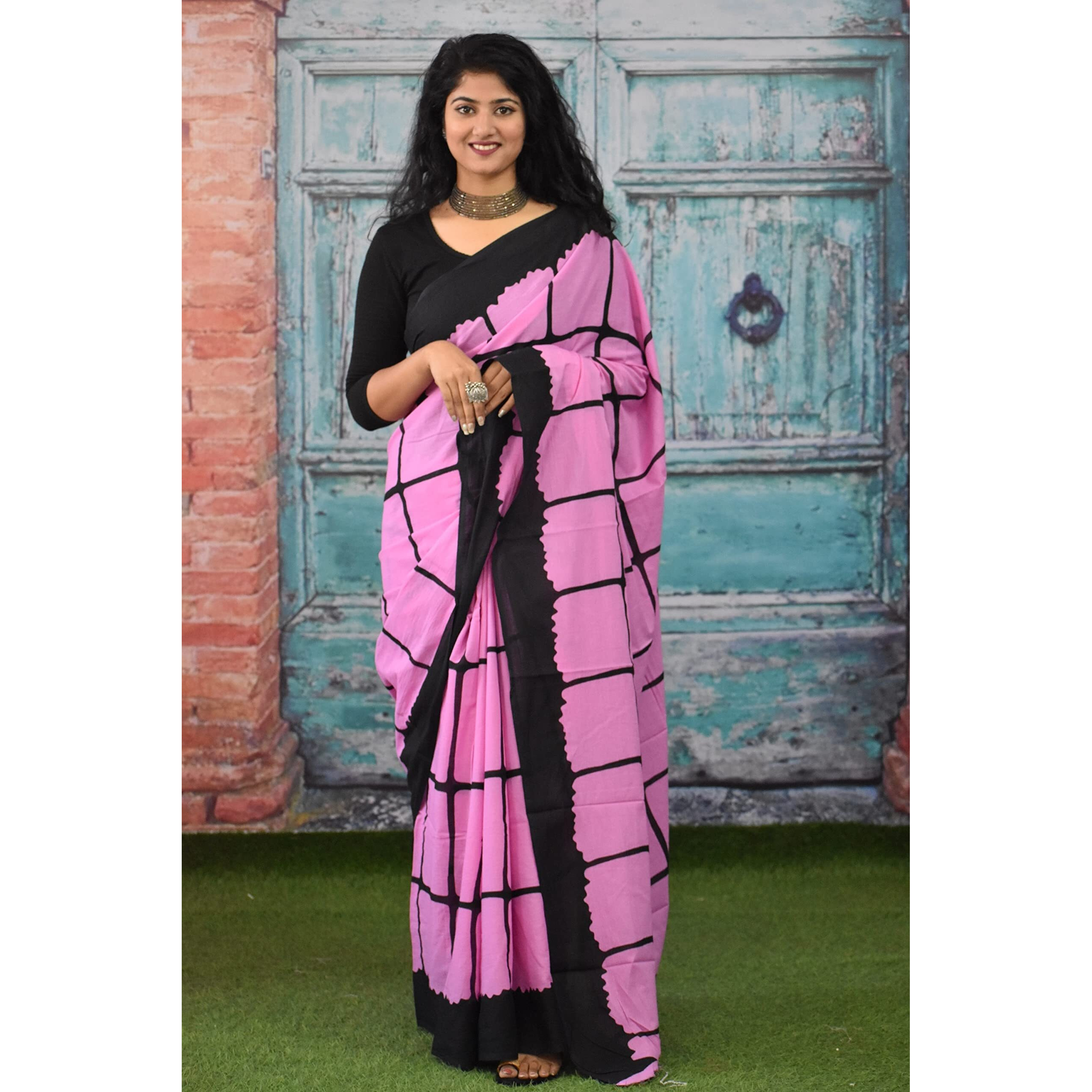 JALTHER Handicrafts Womens Ikat Hand Block Print Jaipuri Cotton Mulmul Saree with Blouse Piece - Pink_262