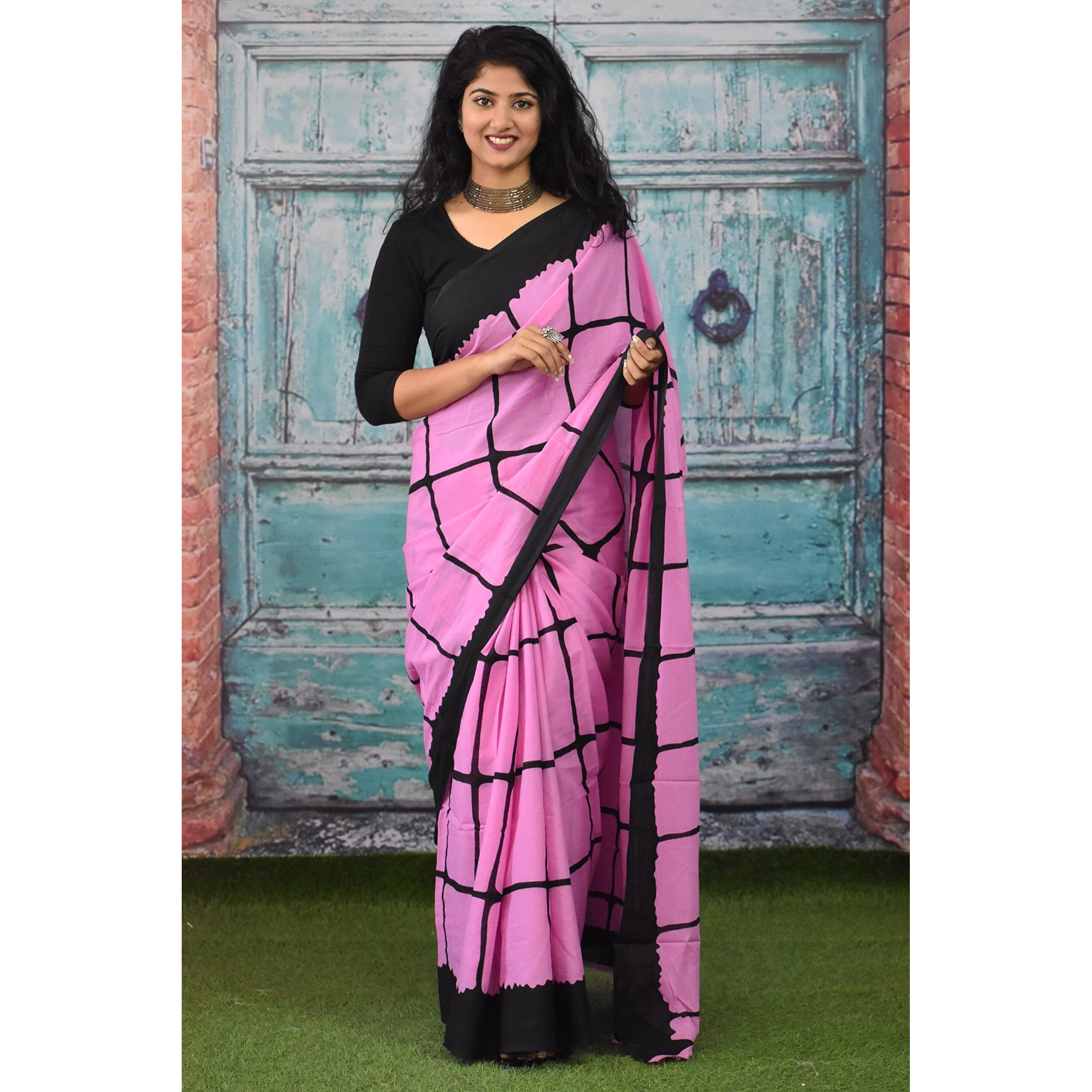JALTHER Handicrafts Womens Ikat Hand Block Print Jaipuri Cotton Mulmul Saree with Blouse Piece - Pink_262