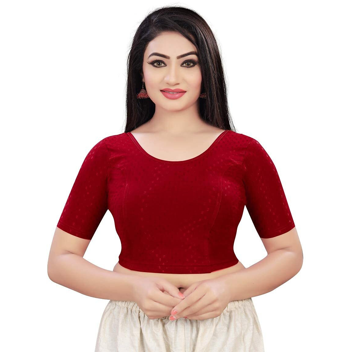 Sidhidata Round Neck Dobby Cotton Lycra Stretchable Elbow Sleeve Readymade Saree Blouse for Women Stylish (Free Size-28-36, Maroon)