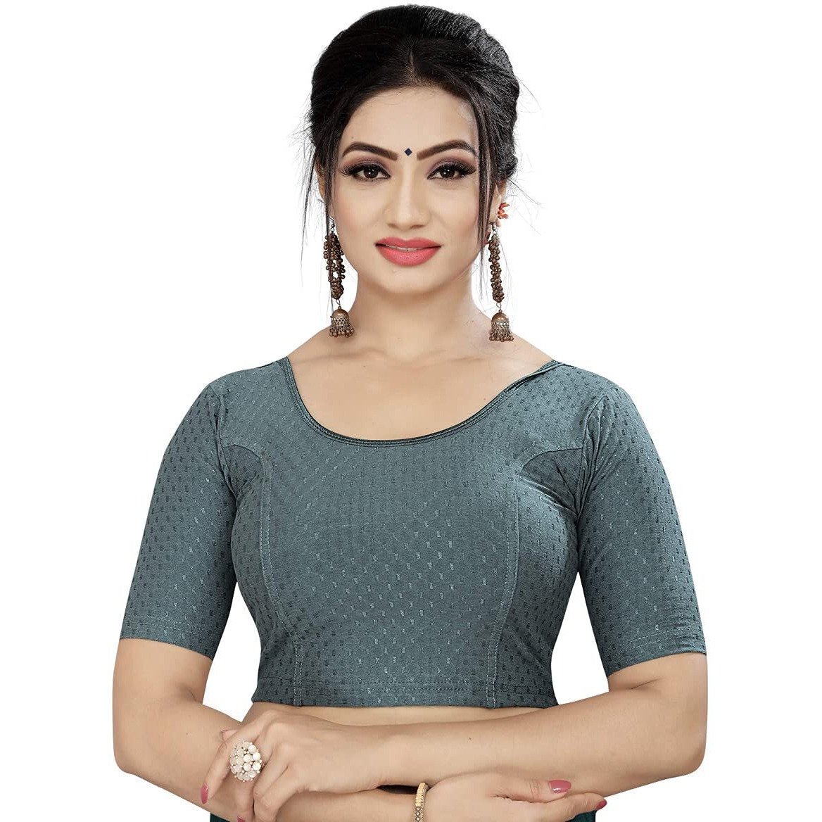 Sidhidata Round Neck Dobby Cotton Lycra Stretchable Elbow Sleeve Readymade Saree Blouse for Women Stylish (Free Size-28-36, Grey)