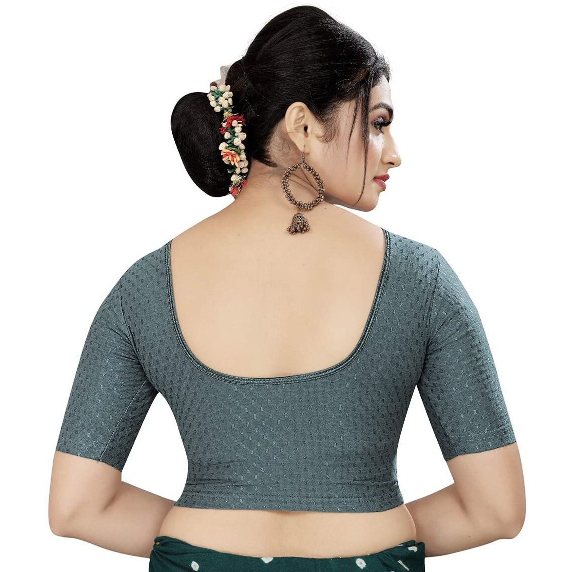 Sidhidata Round Neck Dobby Cotton Lycra Stretchable Elbow Sleeve Readymade Saree Blouse for Women Stylish (Free Size-28-36, Grey)