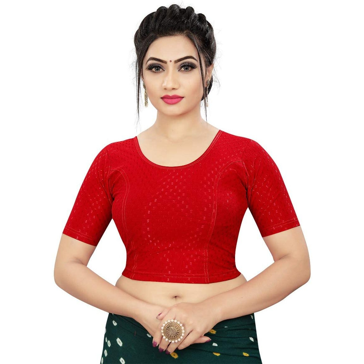 Sidhidata Round Neck Dobby Cotton Lycra Stretchable Elbow Sleeve Readymade Saree Blouse for Women Stylish (Free Size) (D Red, Free Size-38-42)