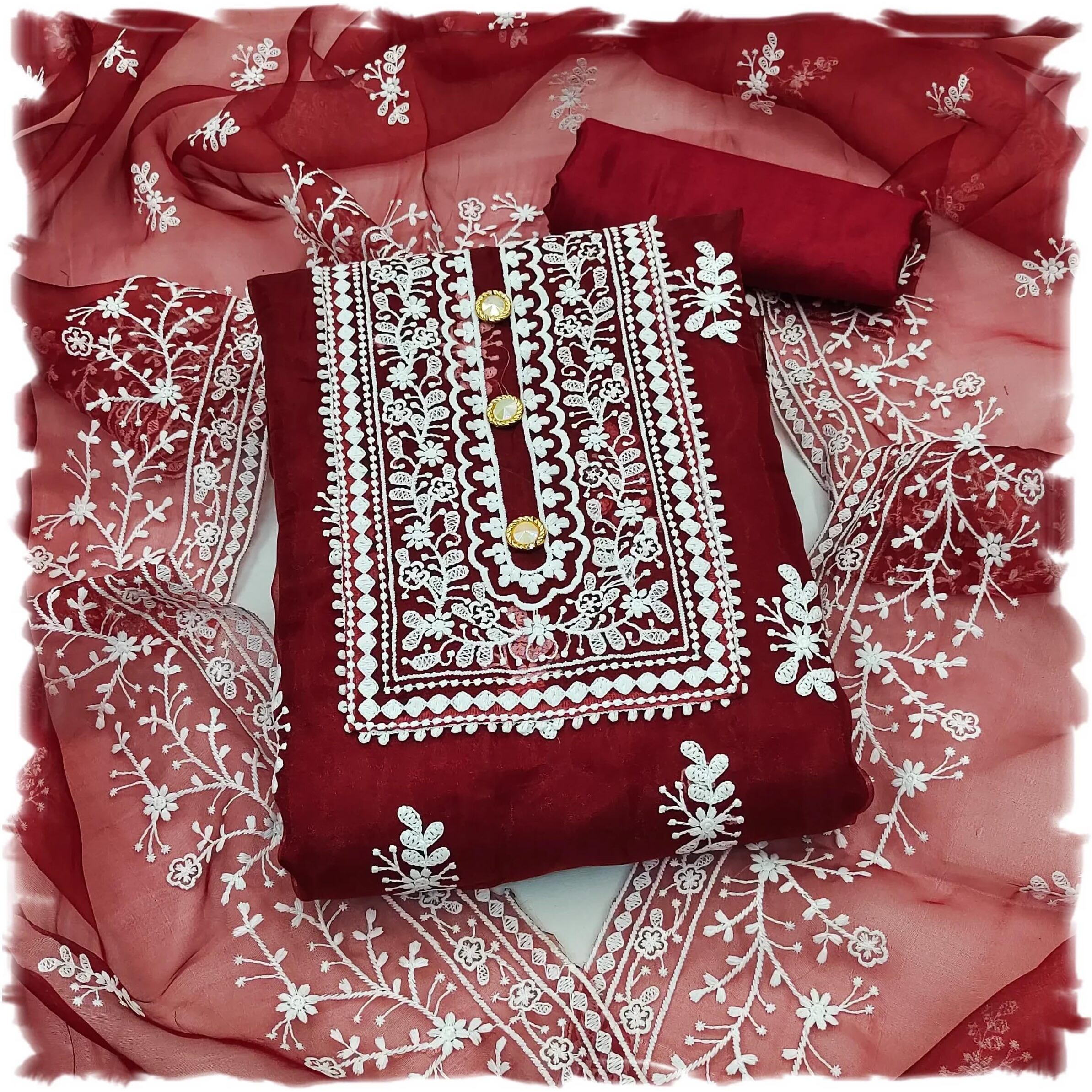 Sidhidata Womens Organza Embroidered Unstitched Salwar Suit Dress Material With Embroidery Work Dupatta (DM HumTum Maroon_Maroon_Free Size)