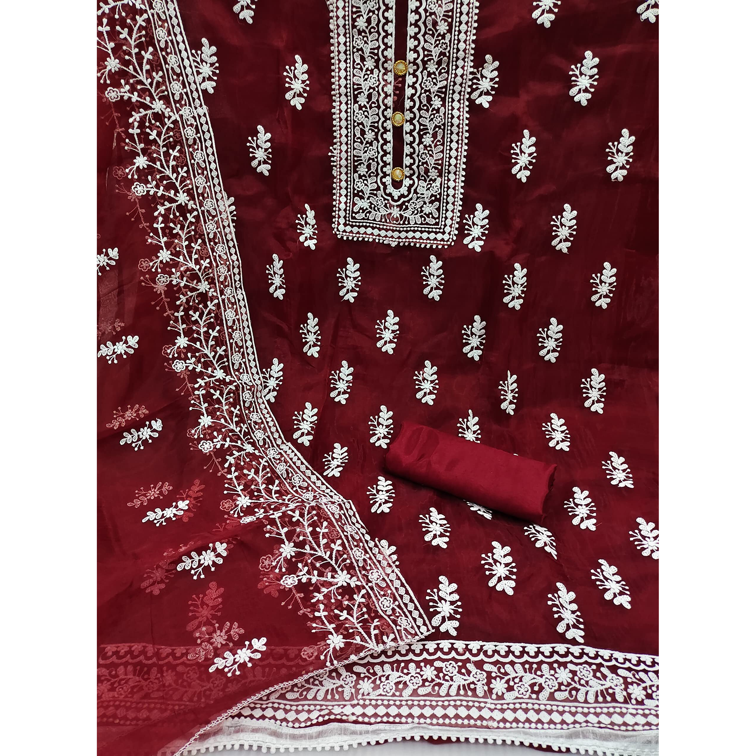 Sidhidata Womens Organza Embroidered Unstitched Salwar Suit Dress Material With Embroidery Work Dupatta (DM HumTum Maroon_Maroon_Free Size)