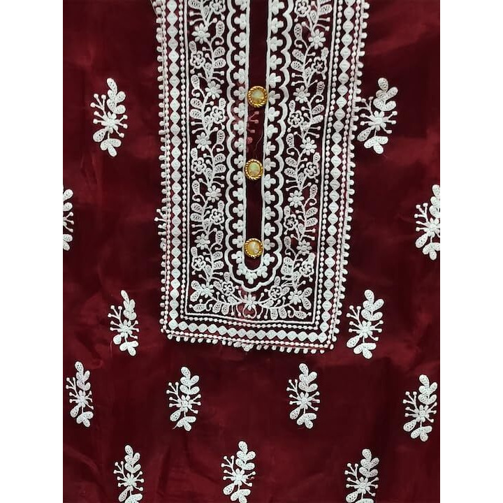 Sidhidata Womens Organza Embroidered Unstitched Salwar Suit Dress Material With Embroidery Work Dupatta (DM HumTum Maroon_Maroon_Free Size)