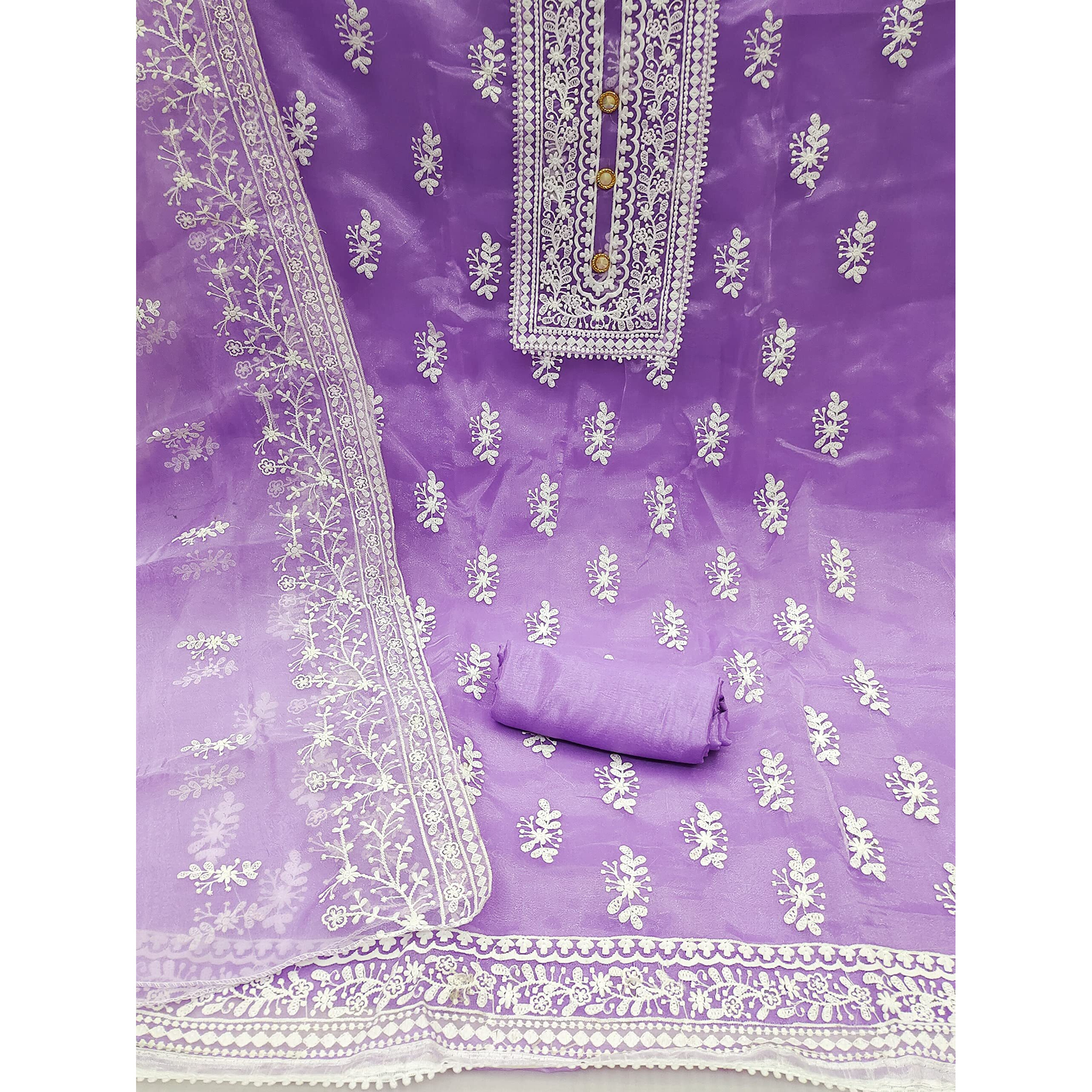 Sidhidata Womens Organza Embroidered Unstitched Salwar Suit Dress Material With Embroidery Work Dupatta (DM HumTum Purple_Purple_Free Size)