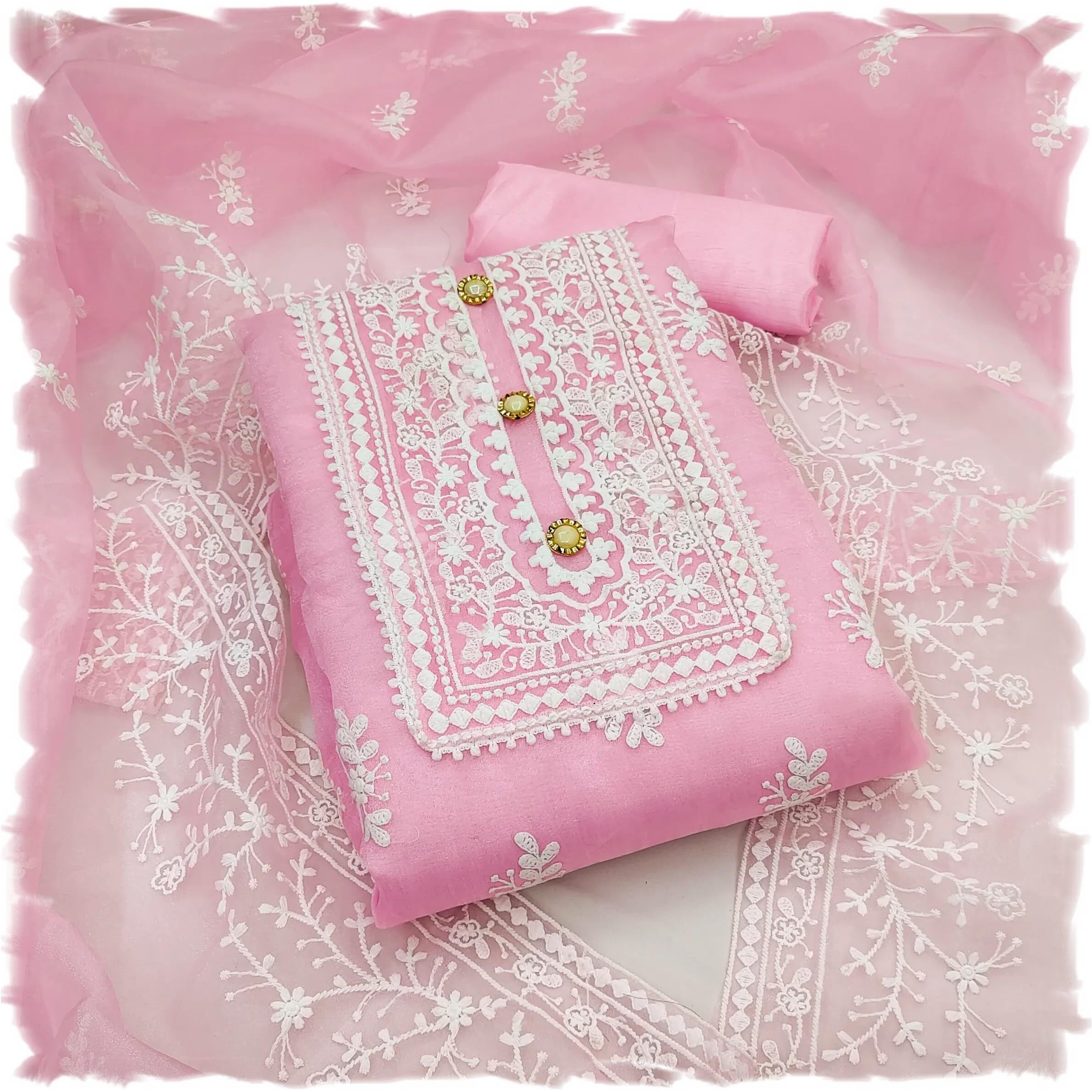 Sidhidata Womens Organza Embroidered Unstitched Salwar Suit Dress Material With Embroidery Work Dupatta (DM HumTum Light Pink_Light Pink_Free Size)
