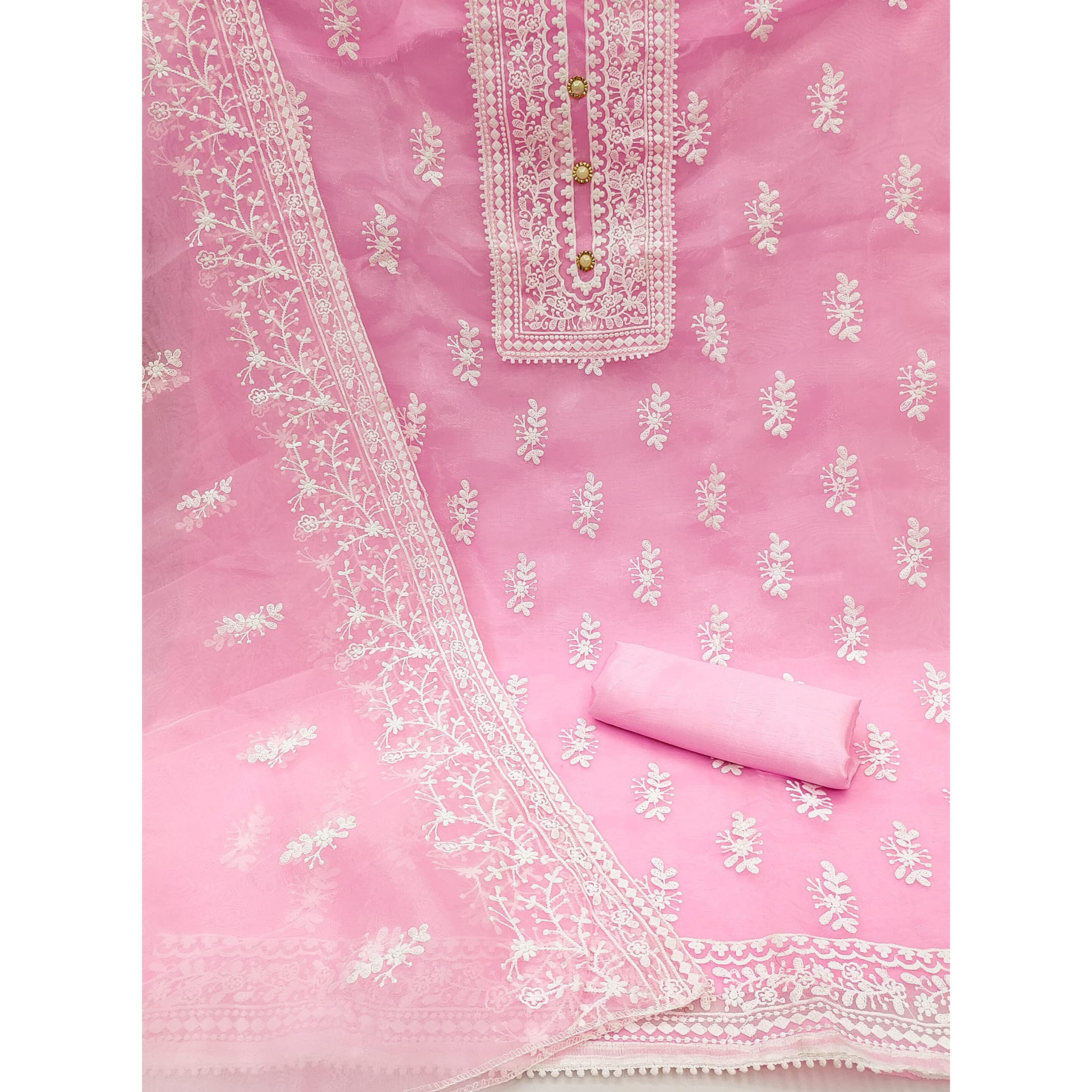 Sidhidata Womens Organza Embroidered Unstitched Salwar Suit Dress Material With Embroidery Work Dupatta (DM HumTum Light Pink_Light Pink_Free Size)