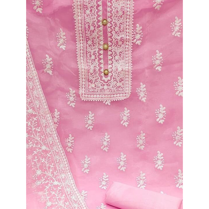 Sidhidata Womens Organza Embroidered Unstitched Salwar Suit Dress Material With Embroidery Work Dupatta (DM HumTum Light Pink_Light Pink_Free Size)