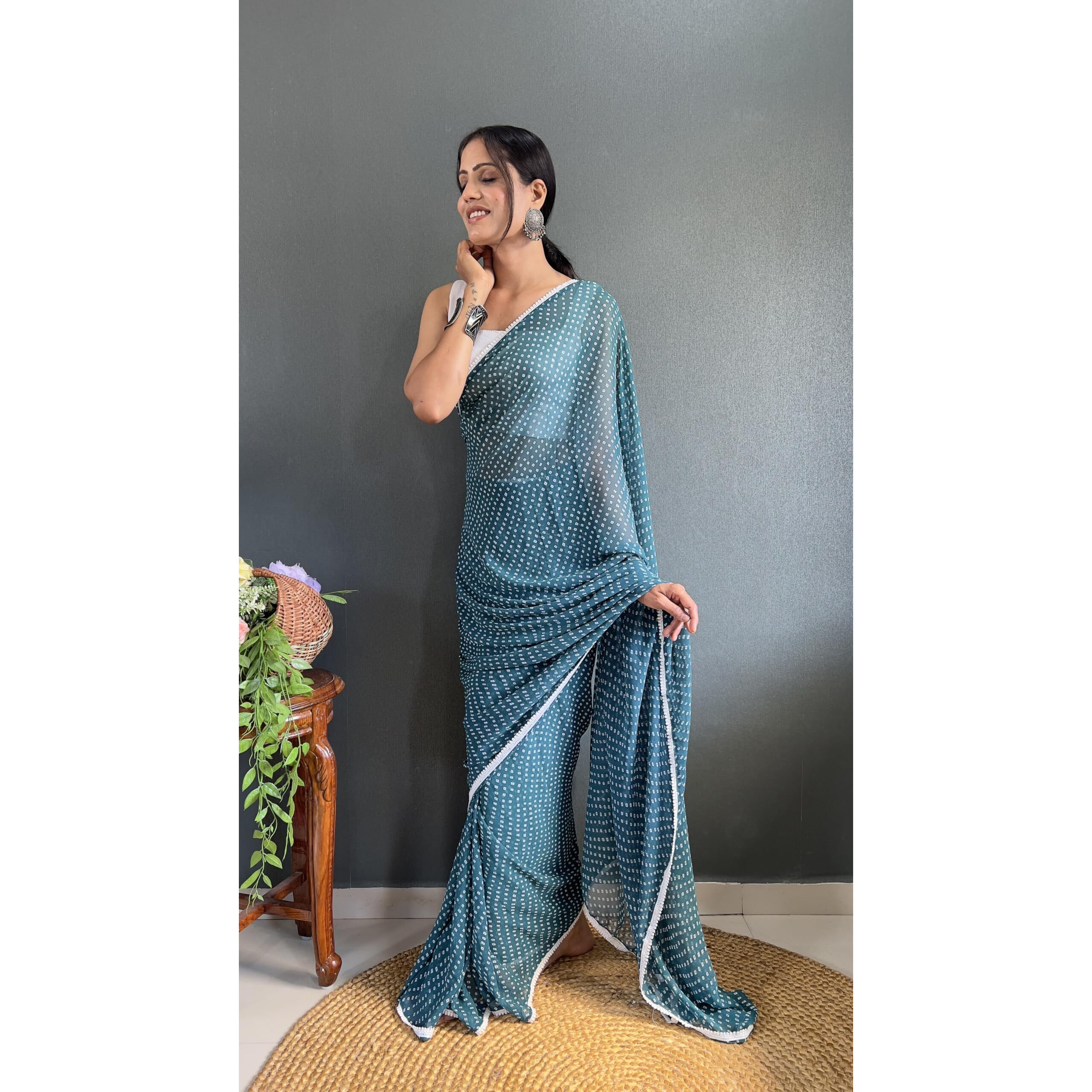 Sidhidata Womens Georgette Bandhni/Bandhej Printed Ready To Wear 1 Minute Saree With Unstitched Blouse Piece (RTW Bandhani Rama_Rama_Free Size)