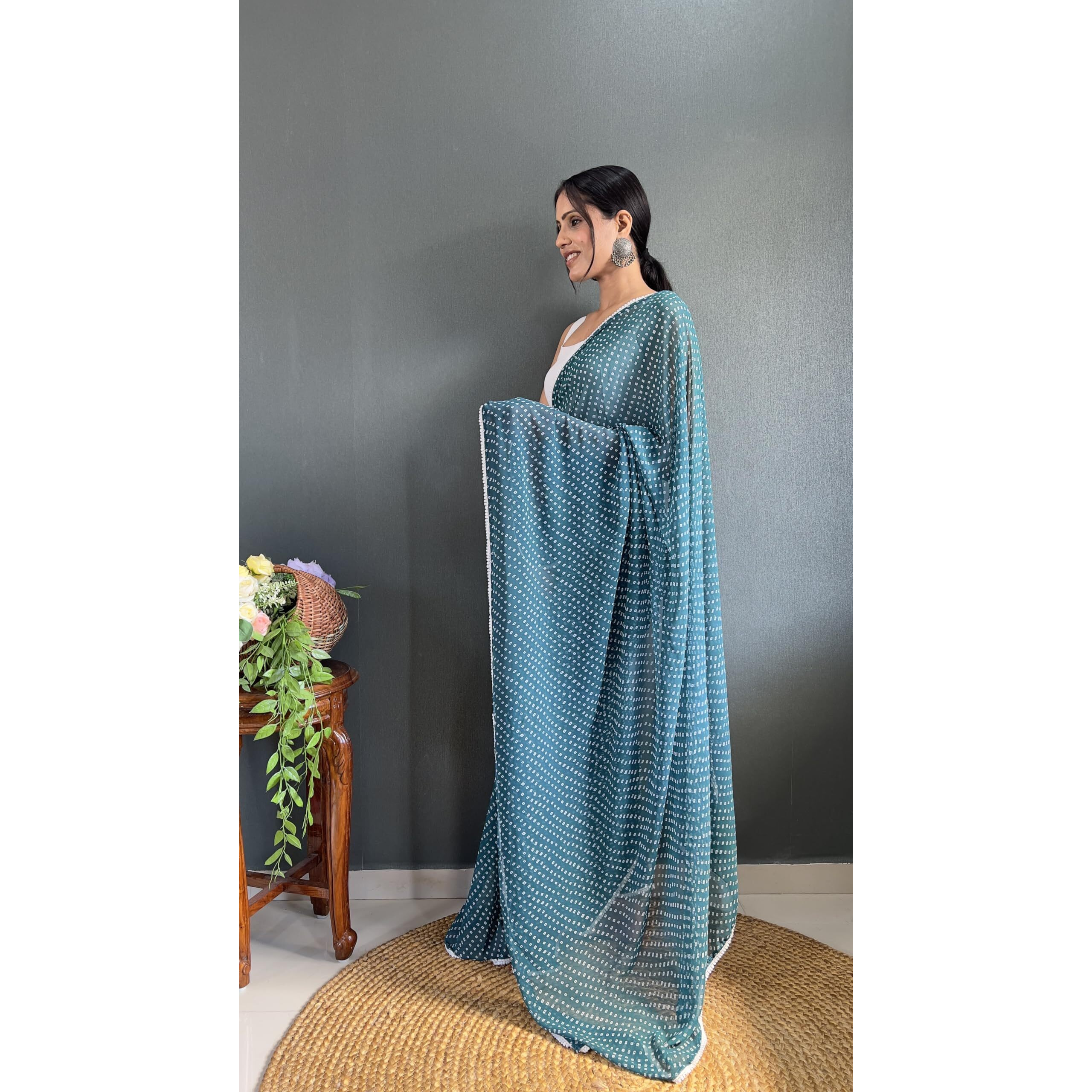 Sidhidata Womens Georgette Bandhni/Bandhej Printed Ready To Wear 1 Minute Saree With Unstitched Blouse Piece (RTW Bandhani Rama_Rama_Free Size)