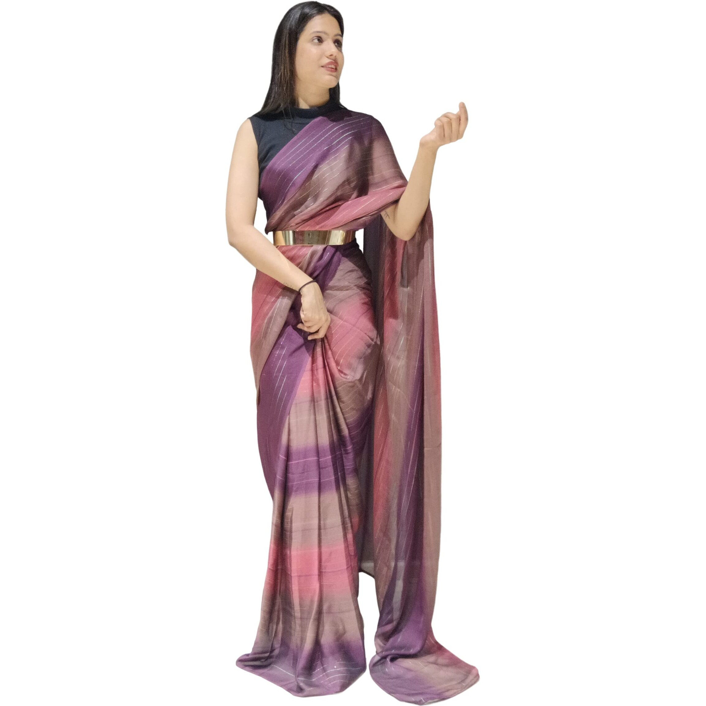 Sidhidata Womens Chiffon Georgette Ready To Wear Draped Saree With Unstitched Blouse Piece (Free Size) (Gajarii)