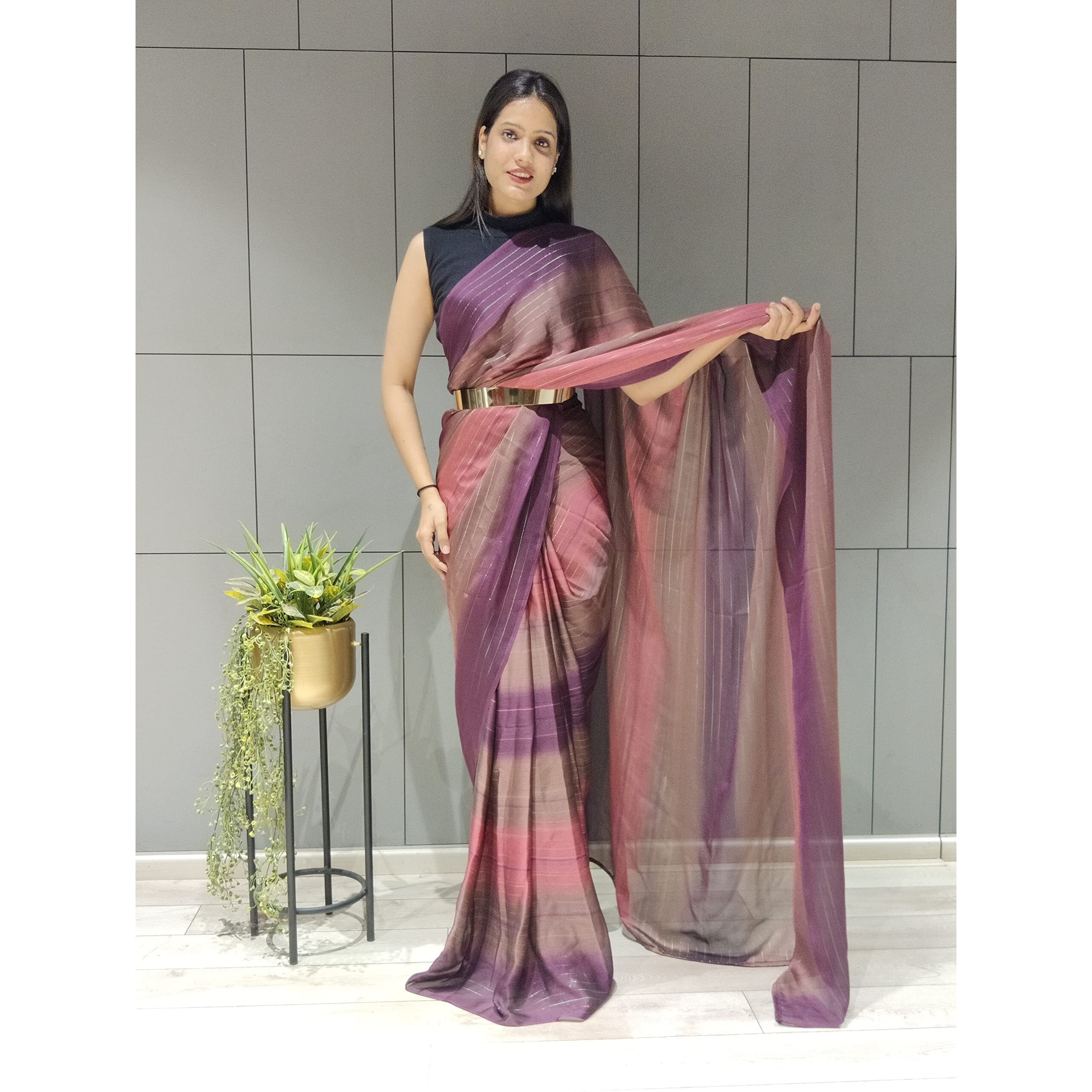 Sidhidata Womens Chiffon Georgette Ready To Wear Draped Saree With Unstitched Blouse Piece (Free Size) (Gajarii)