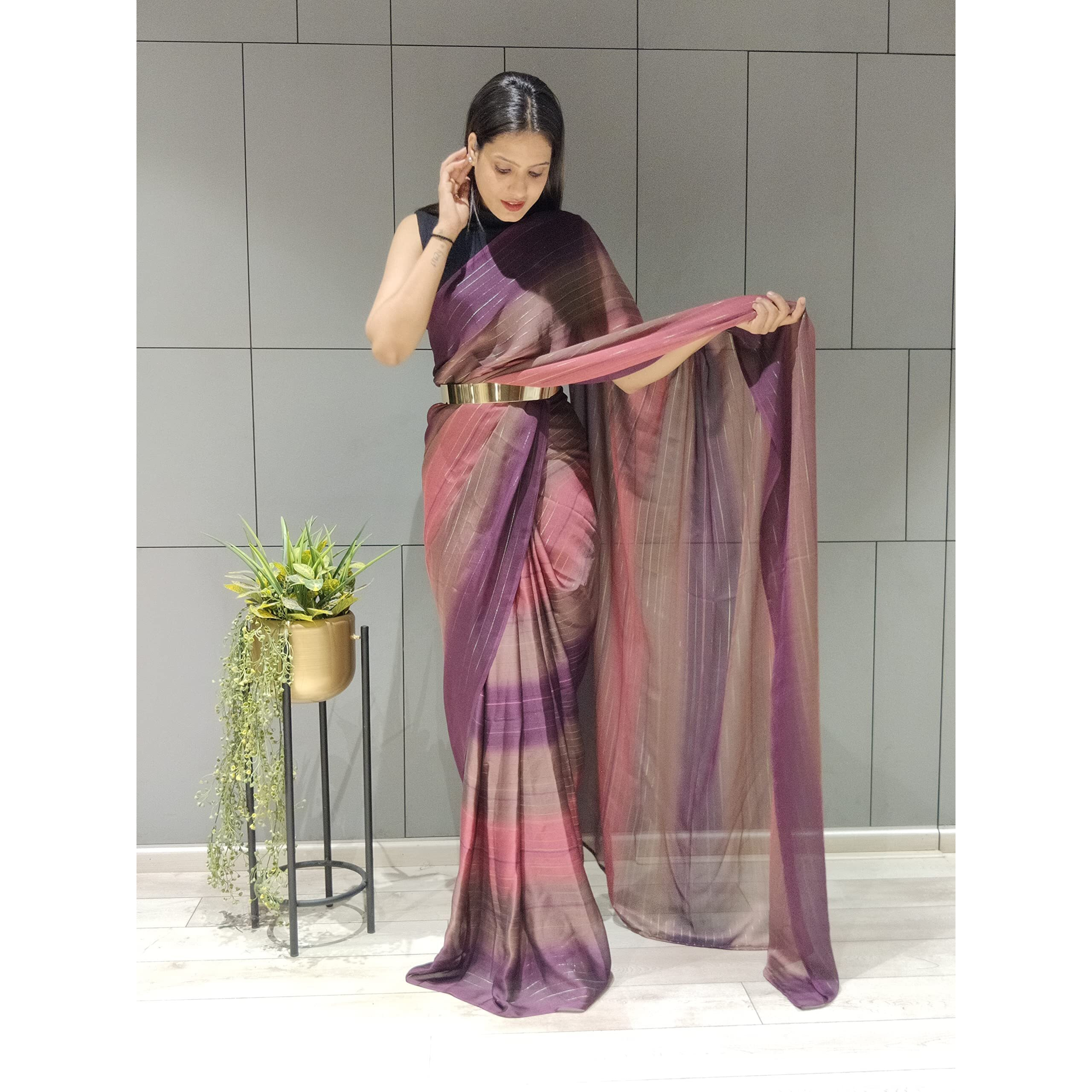 Sidhidata Womens Chiffon Georgette Ready To Wear Draped Saree With Unstitched Blouse Piece (Free Size) (Gajarii)