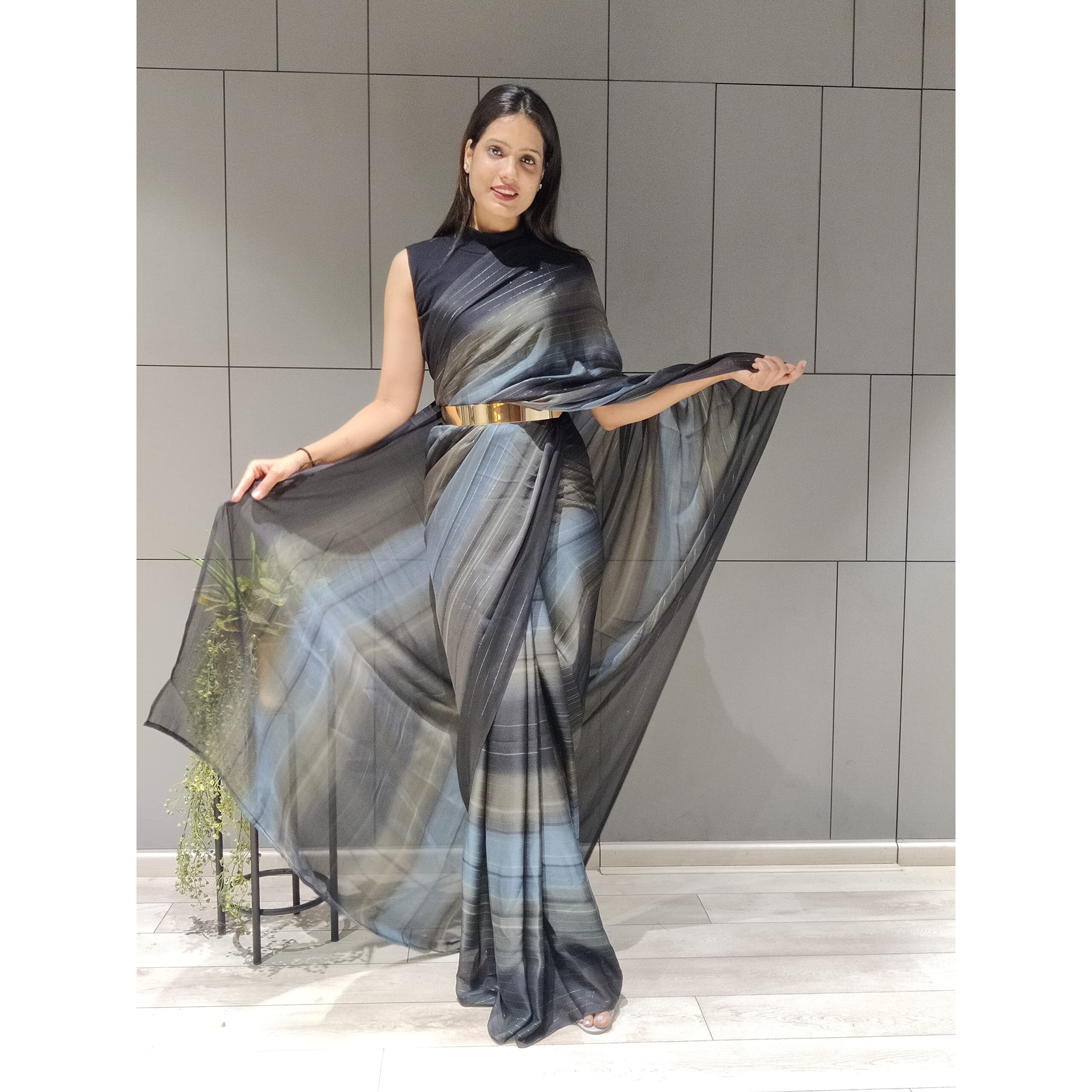 Sidhidata Womens Chiffon Georgette Ready To Wear Draped Saree With Unstitched Blouse Piece (Zari Black_Black_Free Size)