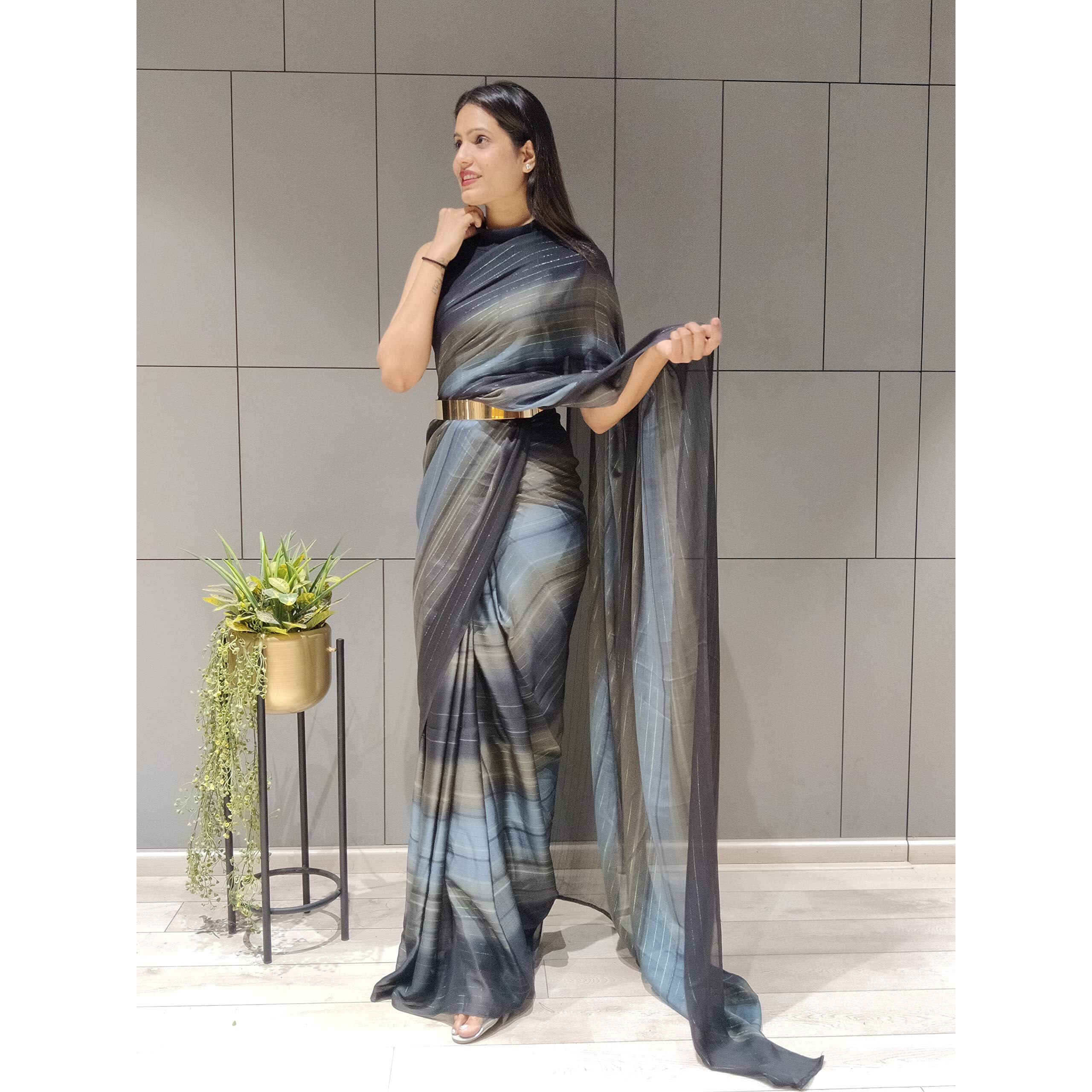 Sidhidata Womens Chiffon Georgette Ready To Wear Draped Saree With Unstitched Blouse Piece (Zari Black_Black_Free Size)