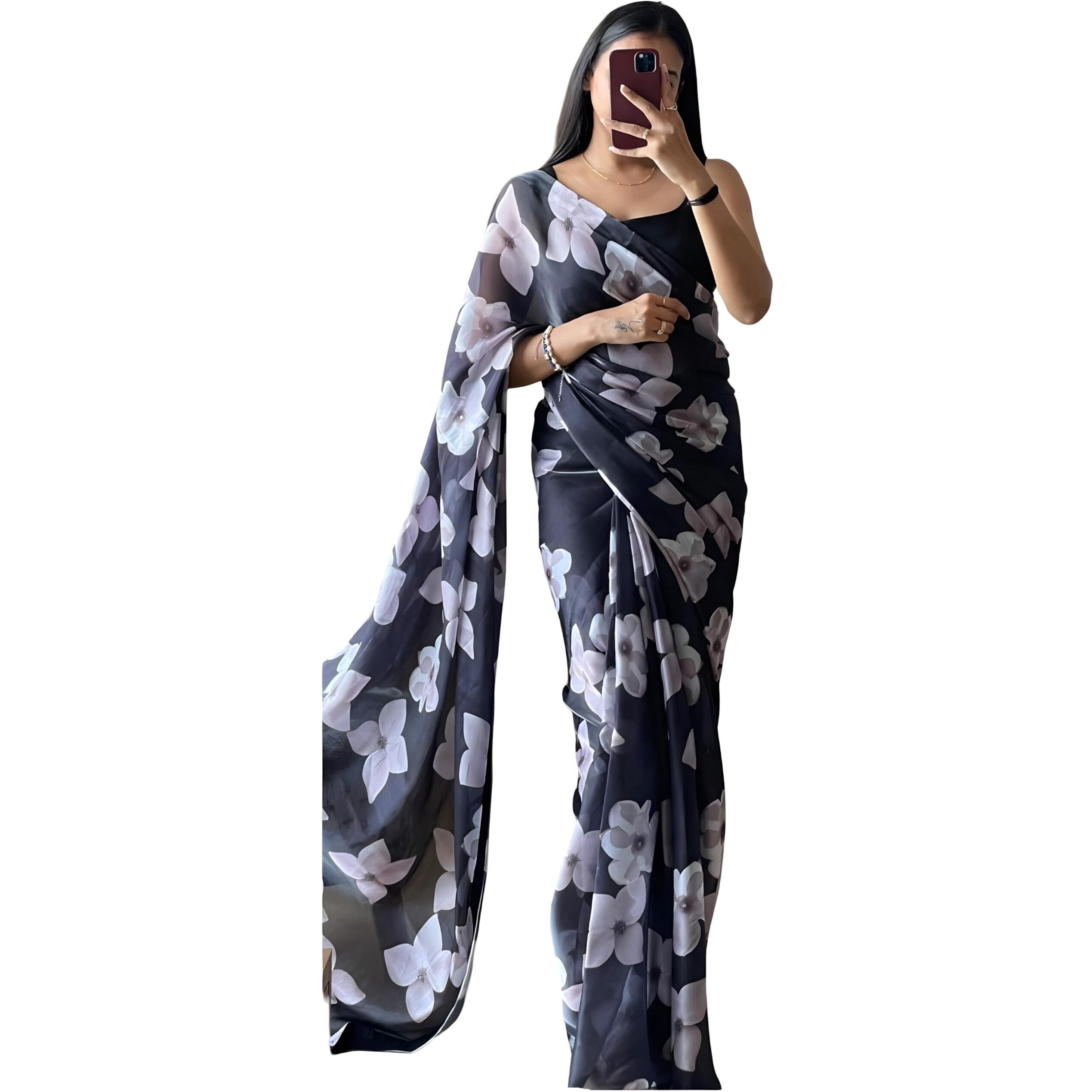 Sidhidata Womens Georgette Digital Printed Ready To Wear one Minute Saree With Unstitched Blouse Piece (RTW Jasmine Black_Black_Free Size)