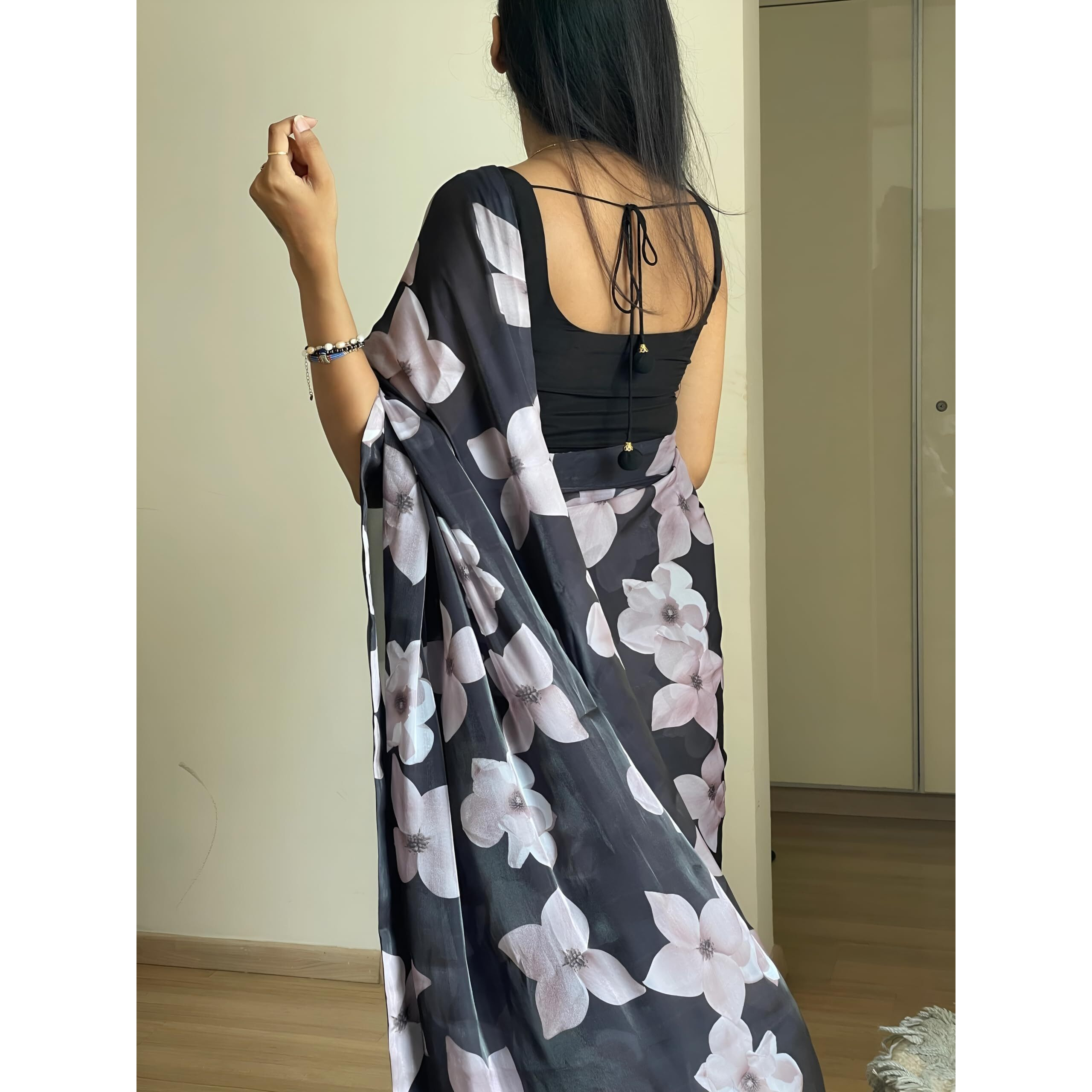 Sidhidata Womens Georgette Digital Printed Ready To Wear one Minute Saree With Unstitched Blouse Piece (RTW Jasmine Black_Black_Free Size)