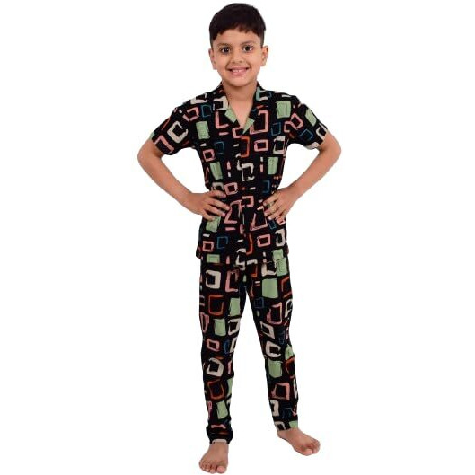 3BROS Unisex Pure Cotton Short Sleeve Kids Night Dress for Boys & Girls Nightwear/Sleepsuit/Sleepwear/Loungewear Night Suit for Boys and Girls Top and Pyjama Combo Set | Multicolor 4| 3-4 Years