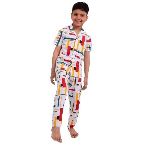 3BROS Unisex Pure Cotton Short Sleeve Kids Night Dress for Boys & Girls Nightwear/Sleepsuit/Sleepwear/Loungewear Night Suit for Boys and Girls Top and Pyjama Combo Set | Multicolor 3| 3-4 Years