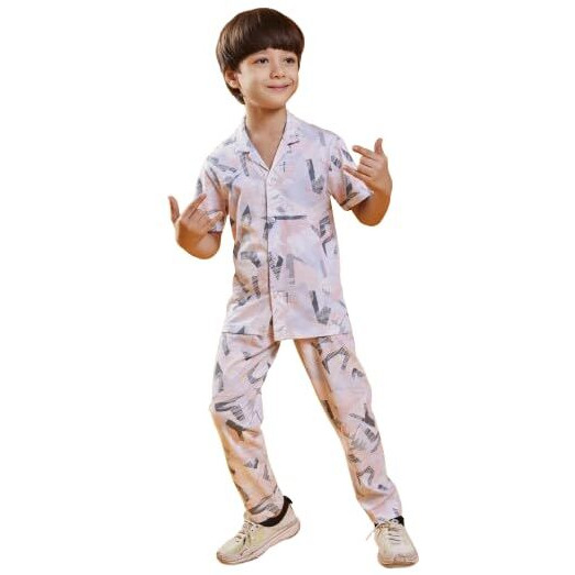 3BROS Unisex Pure Cotton Short Sleeve Kids Night Dress for Boys & Girls Nightwear/Sleepsuit/Sleepwear/Loungewear Night Suit for Boys and Girls Top and Pyjama Combo Set | White1| 3-4 Years