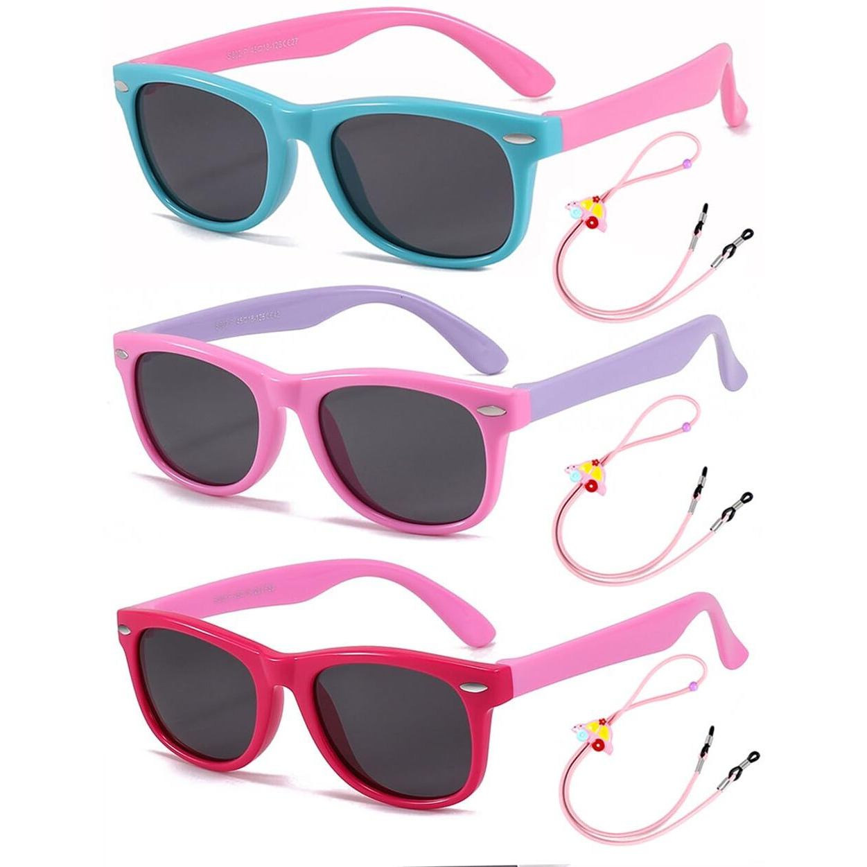 ROCF ROSSINI Pack of 3 Flexible Kids Sunglasses Polarized Sun Glasses Girls Boys Shades UV400 Protection Eyewear for Age 2-8 (Cyan/Pink+Pink/Purple+Fuchsia/Pink)