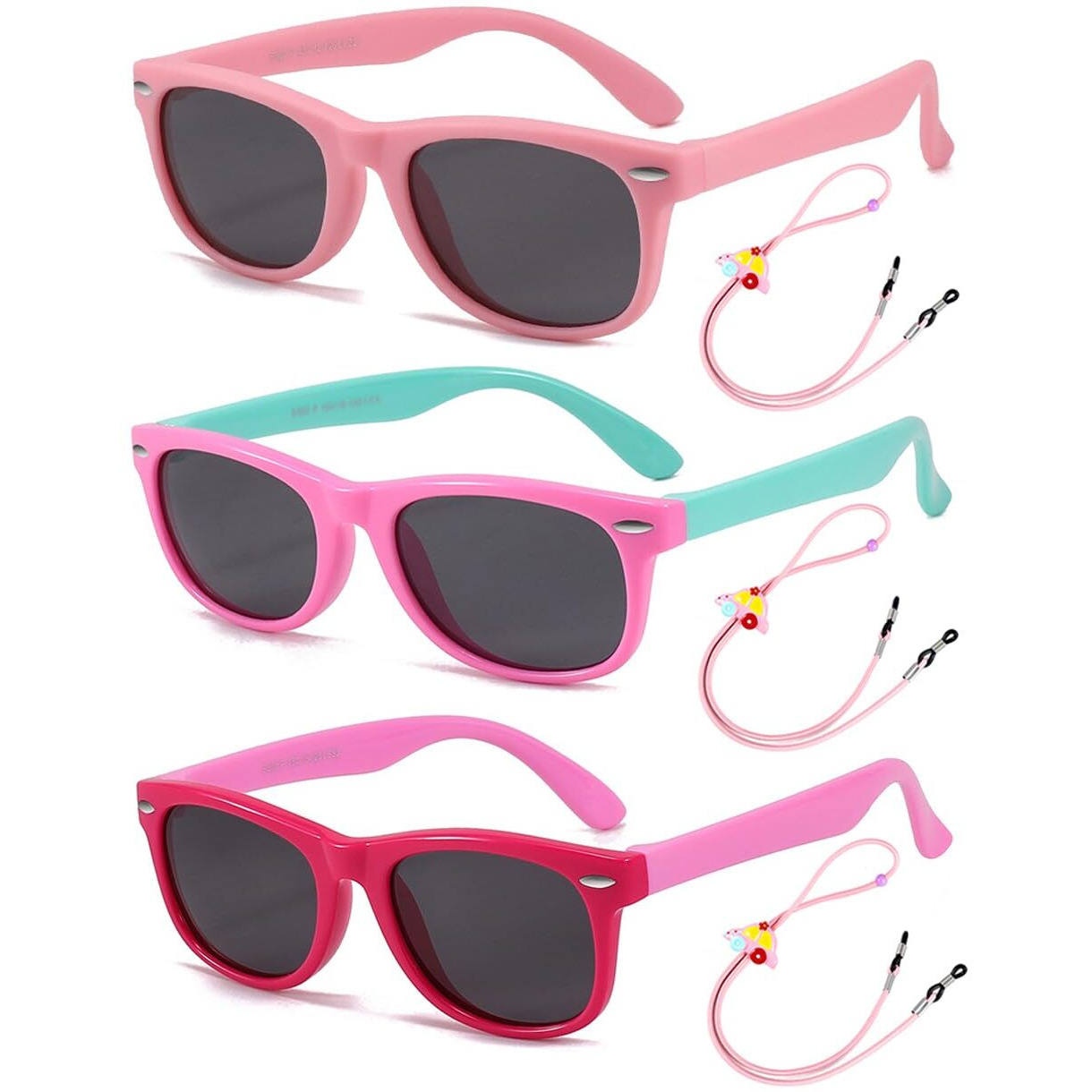 ROCF ROSSINI Pack of 3 Flexible Kids Sunglasses Polarized Sun Glasses Girls Boys Shades UV400 Protection Eyewear for Age 2-8 (Pink+Pink/Cyan+Fuchsia/Pink)