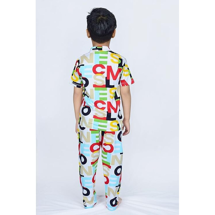 3BROS Unisex Pure Cotton Short Sleeve Kids Night Dress for Boys & Girls Nightwear/Sleepsuit/Loungewear Night Suit for Boys and Girls Top and Pyjama Combo Set (White | 3-4 Years)