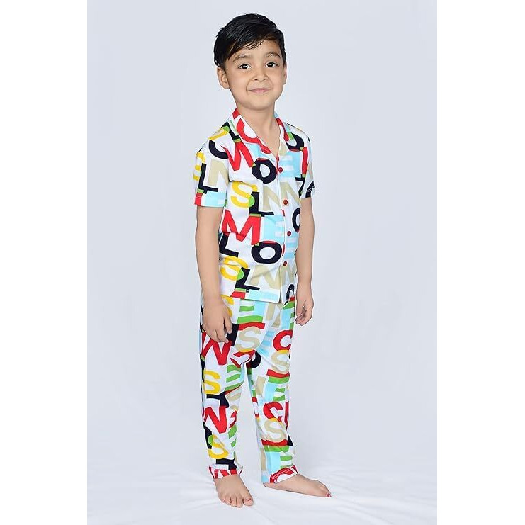 3BROS Unisex Pure Cotton Short Sleeve Kids Night Dress for Boys & Girls Nightwear/Sleepsuit/Loungewear Night Suit for Boys and Girls Top and Pyjama Combo Set (White | 3-4 Years)