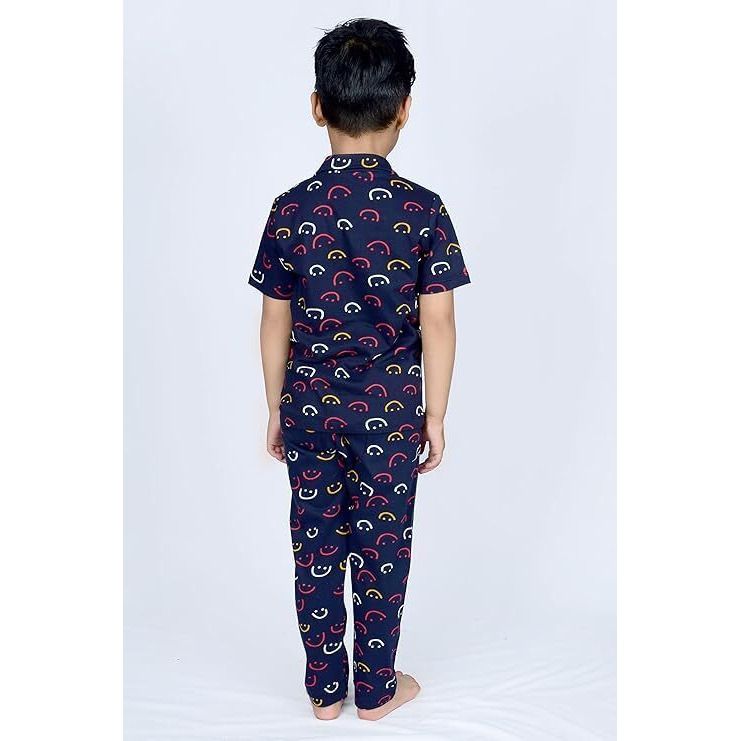 3BROS Unisex Pure Cotton Short Sleeve Kids Night Dress for Boys & Girls Nightwear/Nightdress/Sleepsuit/Loungewear Night Suit for Boys and Girls Top and Pyjama Combo Set (Navy| 3-4 Years)