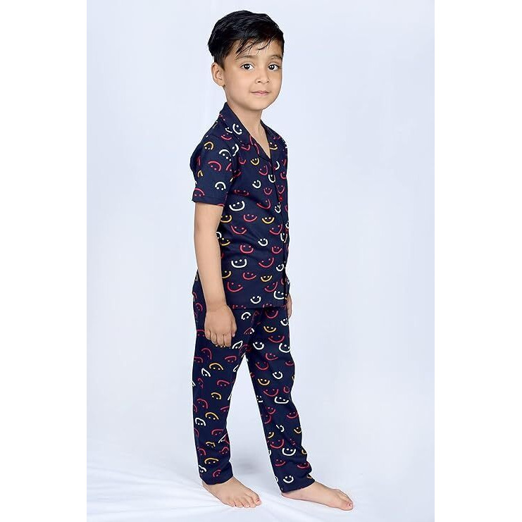 3BROS Unisex Pure Cotton Short Sleeve Kids Night Dress for Boys & Girls Nightwear/Nightdress/Sleepsuit/Loungewear Night Suit for Boys and Girls Top and Pyjama Combo Set (Navy| 3-4 Years)