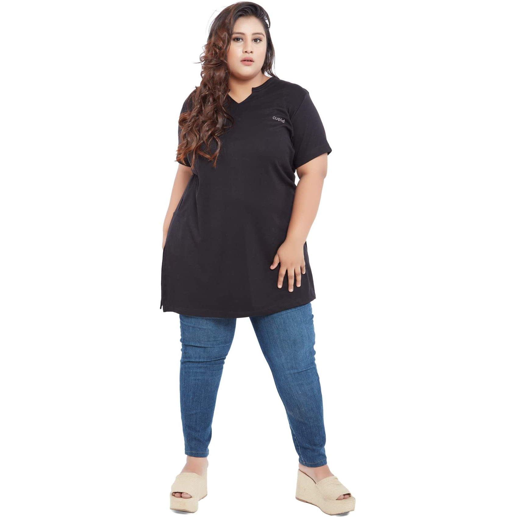 CUPID Womens Cotton Plus Size Half Sleeves Long Top for Summer and Semi Summers with Pocket for Ladies T Shirt_Black Top_4X-Large