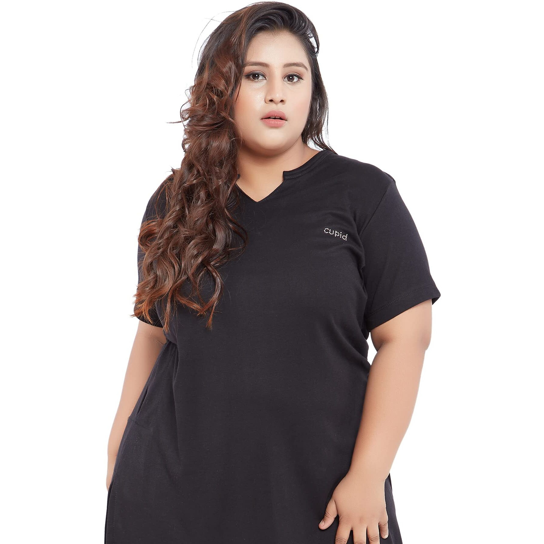 CUPID Womens Cotton Plus Size Half Sleeves Long Top for Summer and Semi Summers with Pocket for Ladies T Shirt_Black Top_4X-Large