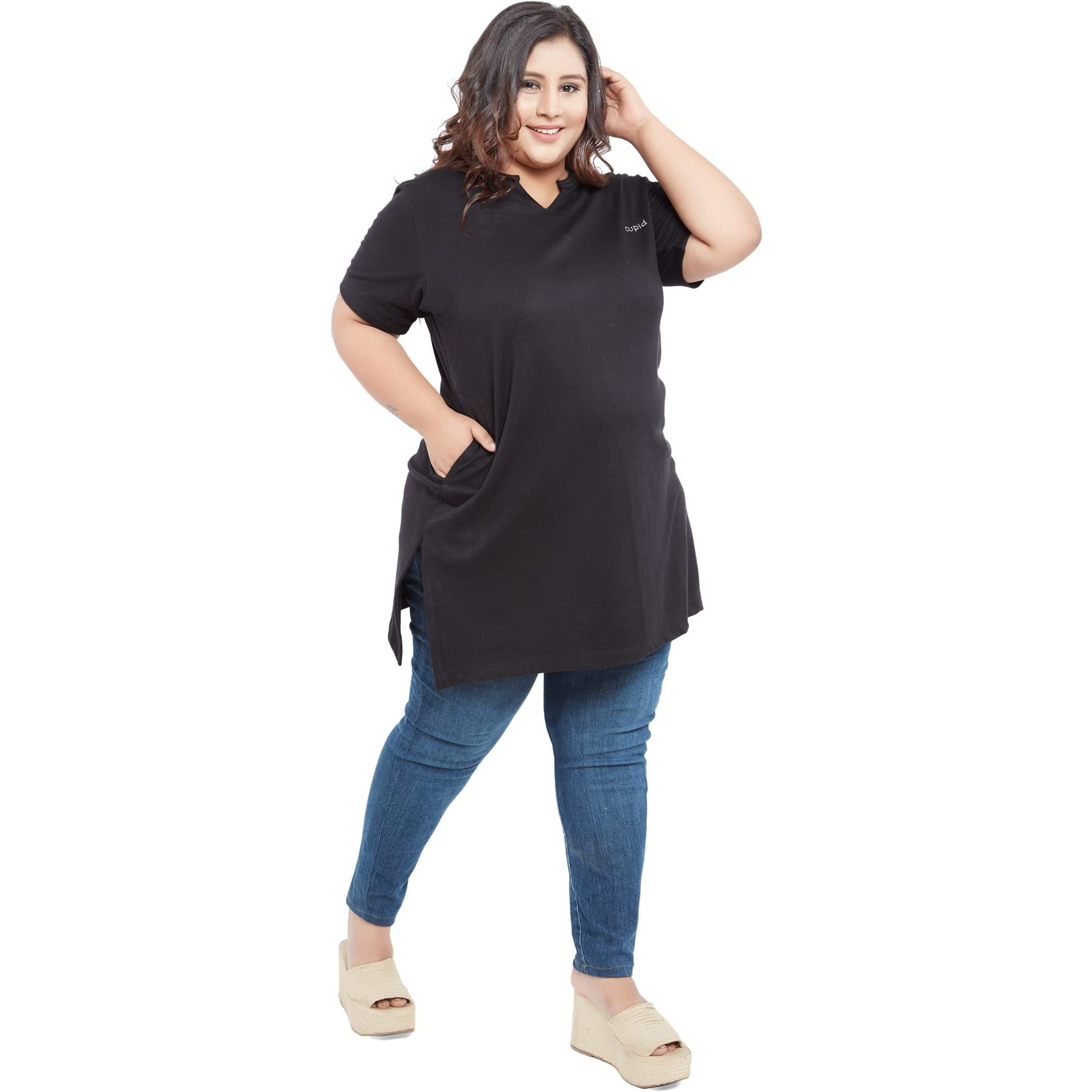 CUPID Womens Cotton Plus Size Half Sleeves Long Top for Summer and Semi Summers with Pocket for Ladies T Shirt_Black Top_4X-Large