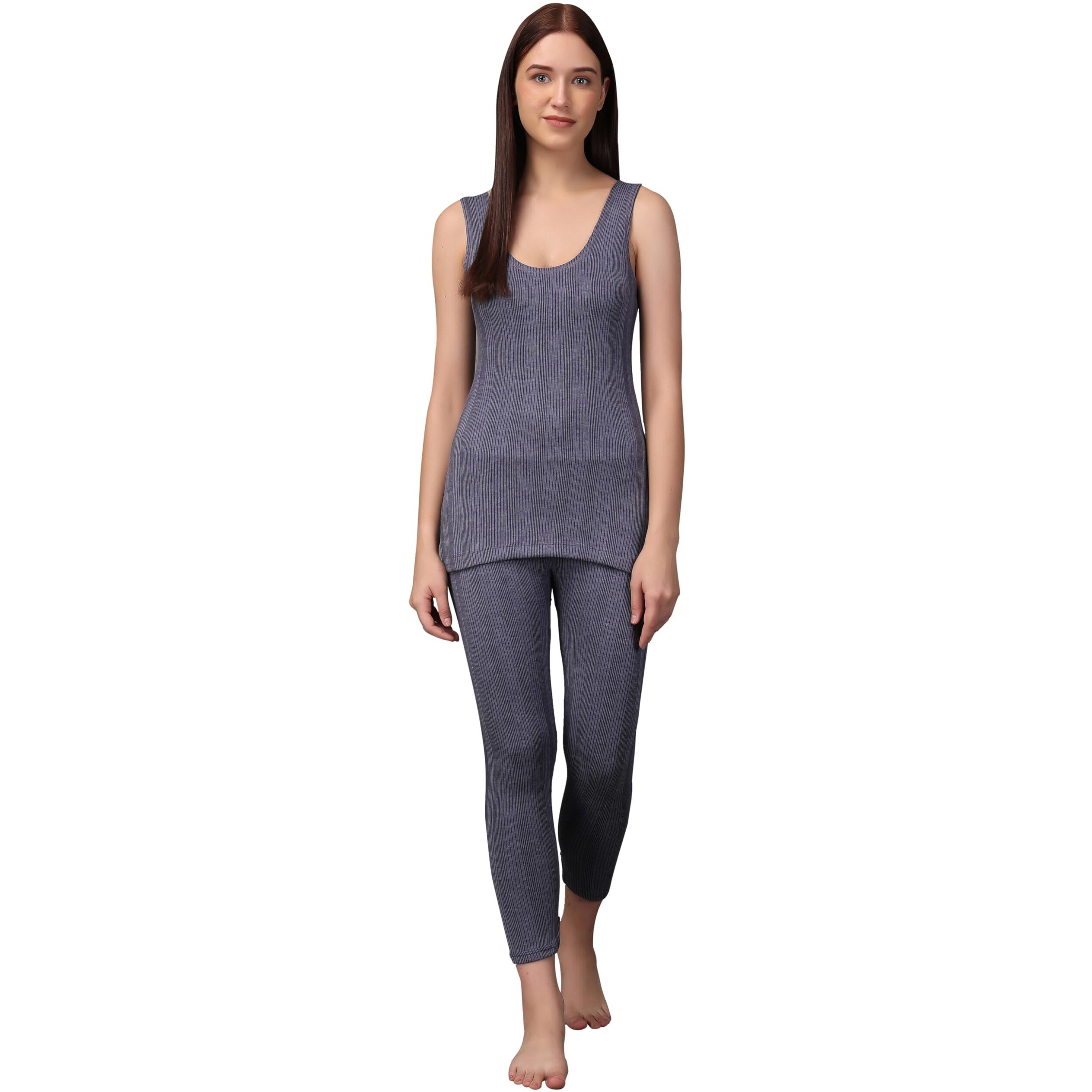 Wearslim Womens Cotton Thermal Underwear Set Thermal Sleeveless Camisole and Pant Set Round Neck Tank Tops & Bottom Soft Warmer - Blue (XL)